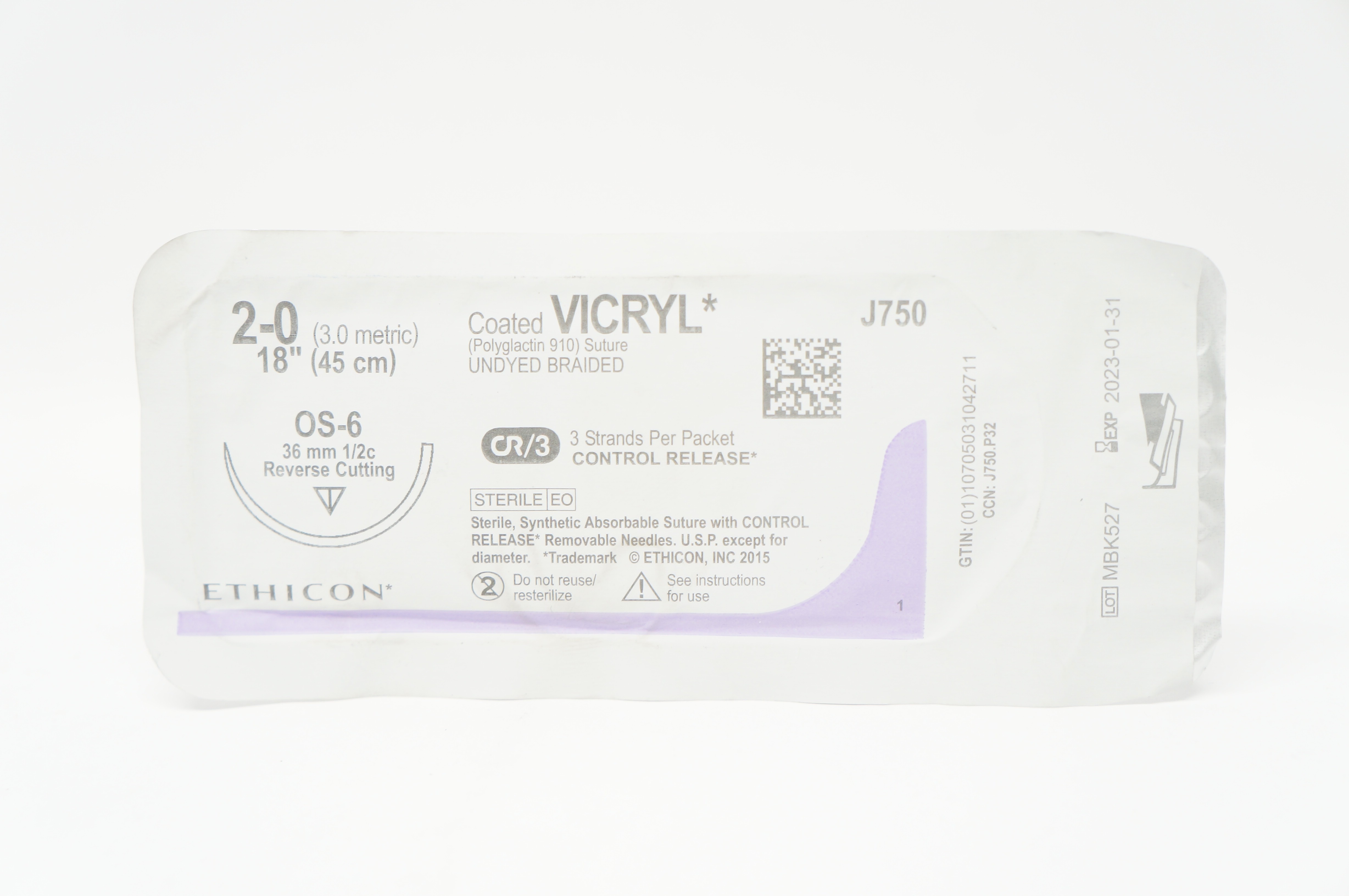 Ethicon J750 2-0 VICRYL, OS-6, 36mm 1/2c Reverse Cutting, 18inch