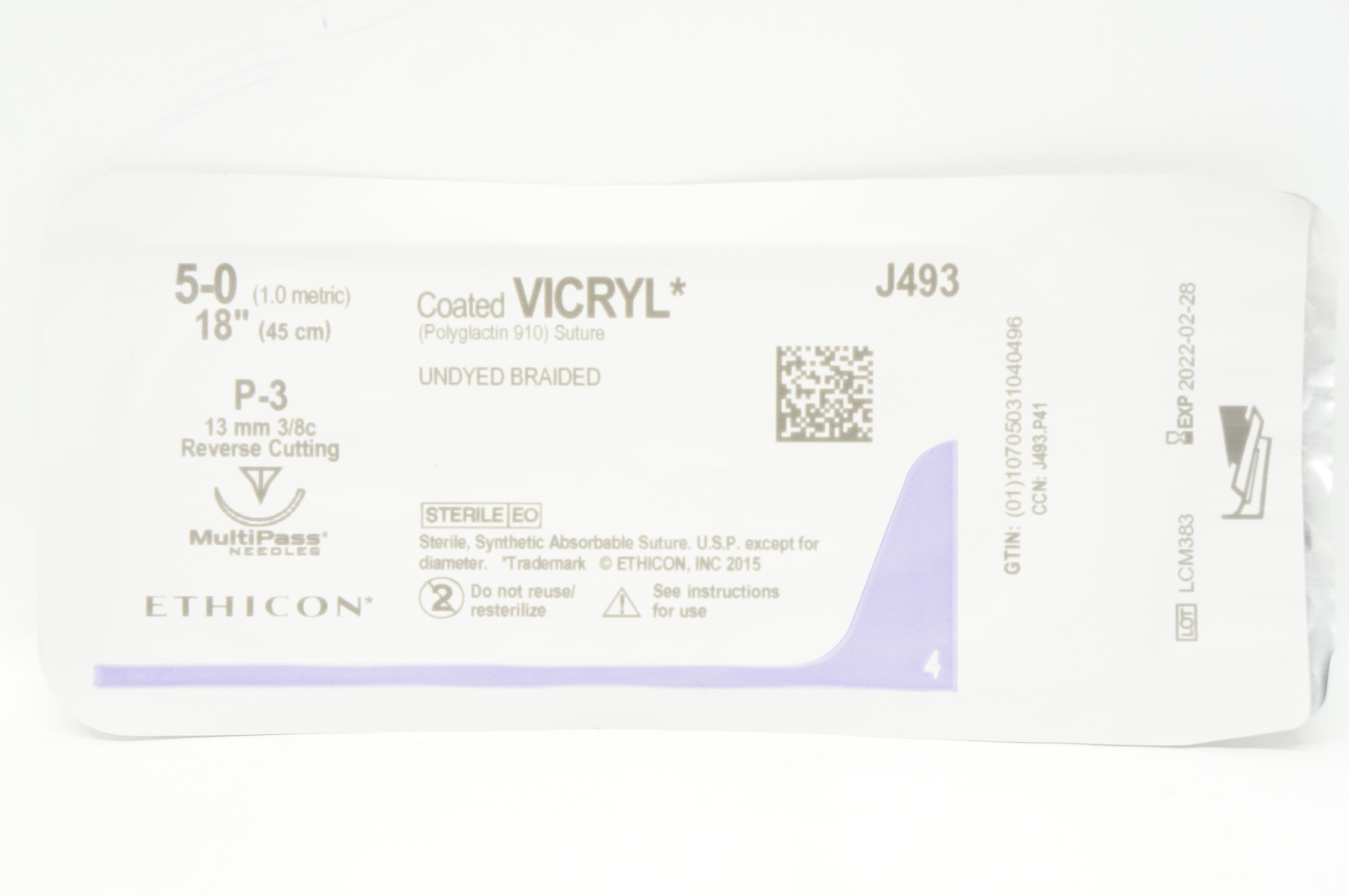 Ethicon J493 5-0 Coated VICRYL P-3 13mm 3/8c Reverse Cutting 18inch