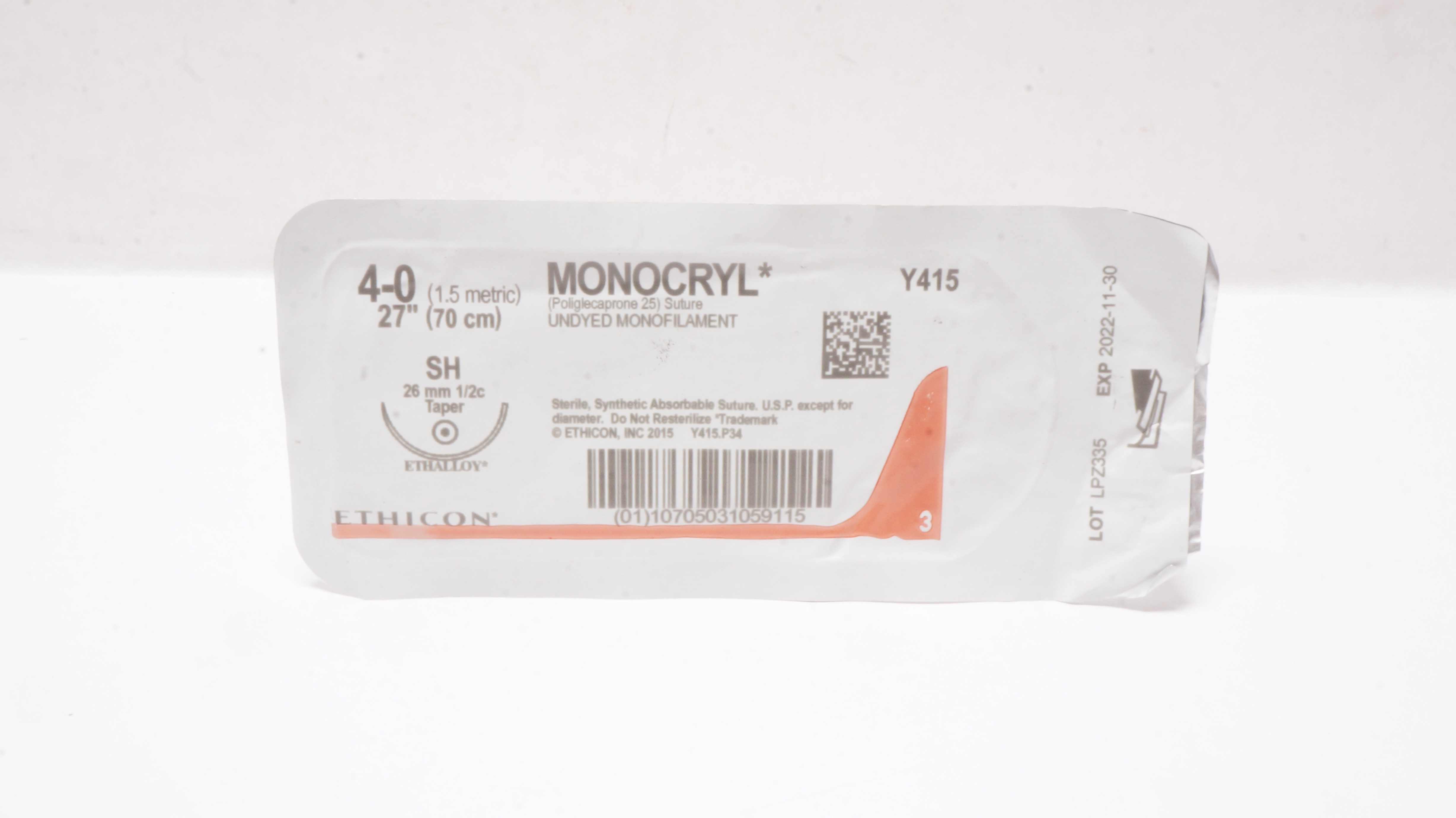 Ethicon Y415 4-0 Monocryl Poliglecaprone 25 Stre SH 26mm 1/2c Taper 27 inch (x)
