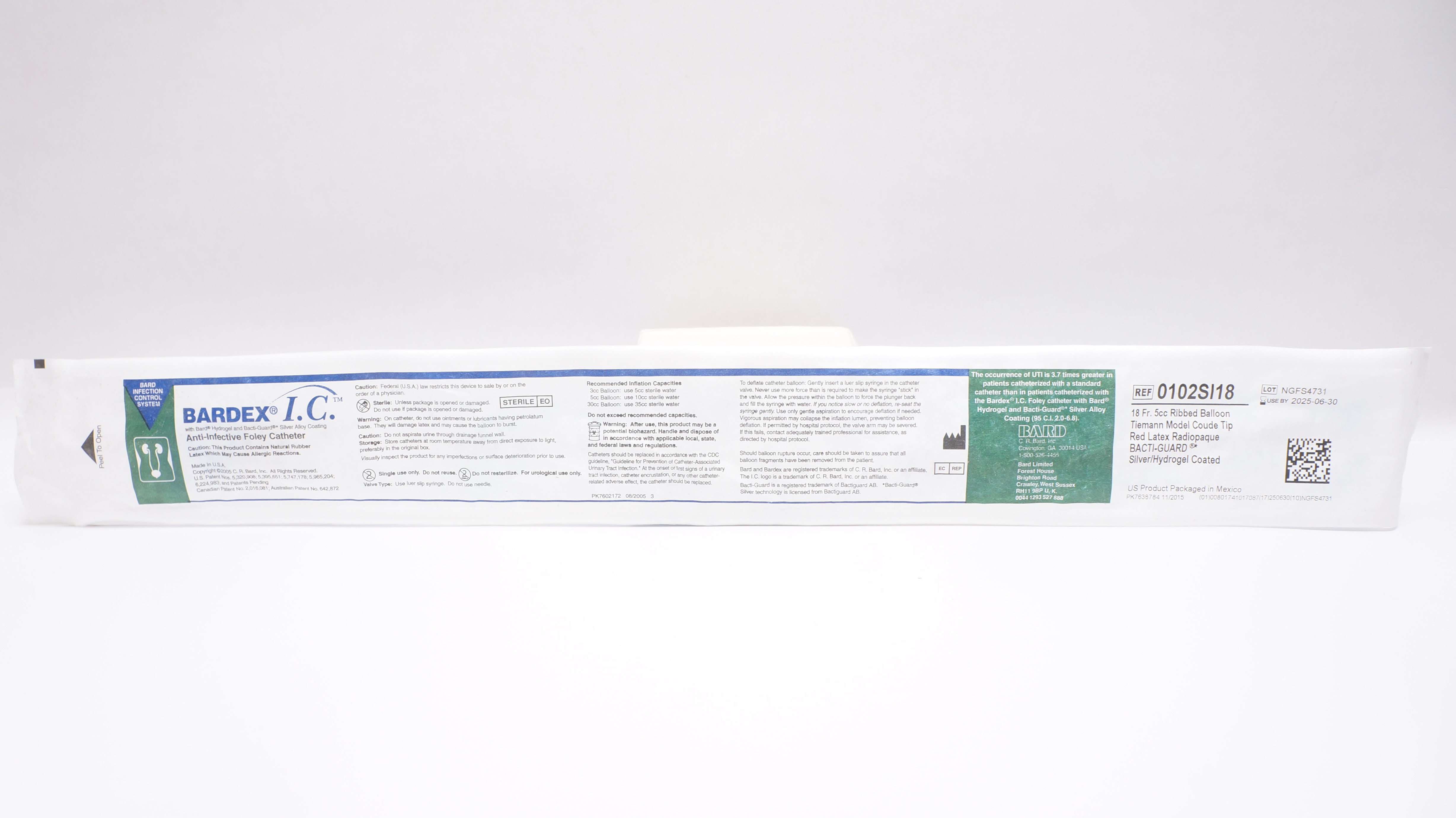 Bard 0102SI18 Bardex I.C. Anti-Infective Foley Cath. 18Fr. 5cc Ribbed Balloon