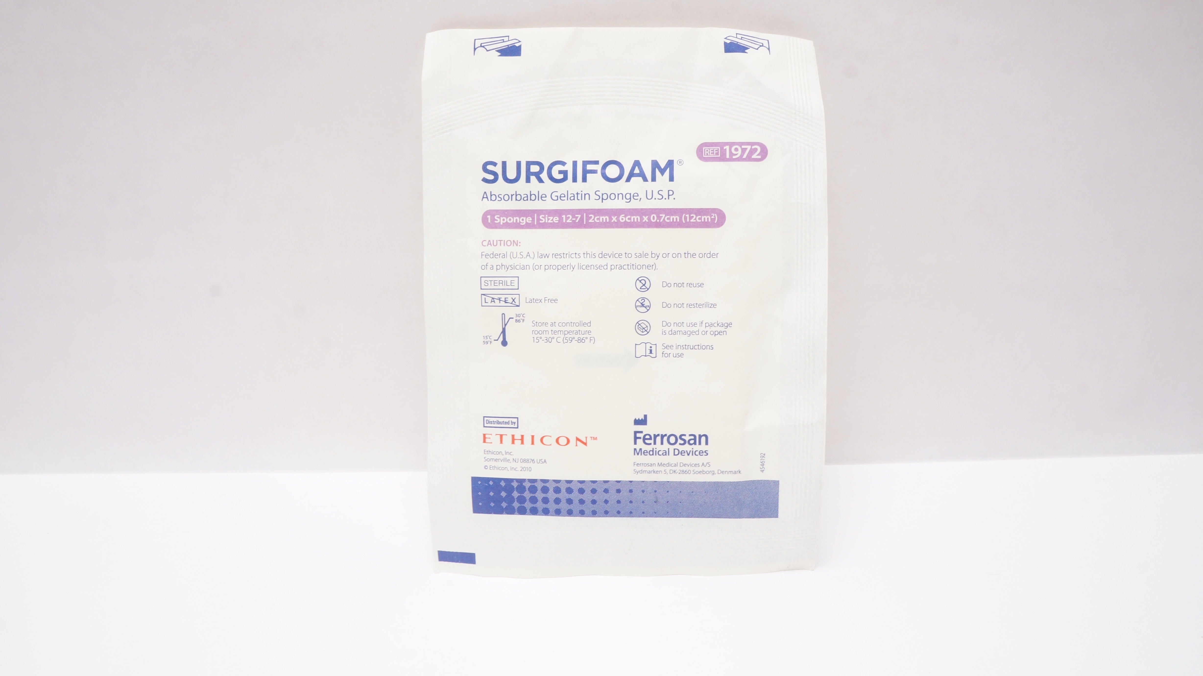 Ethicon 1972 SURGIFOAM Absorbable Gelatin Sponge USP Size 12-7, 2 x 6 x 0.7cm(x)