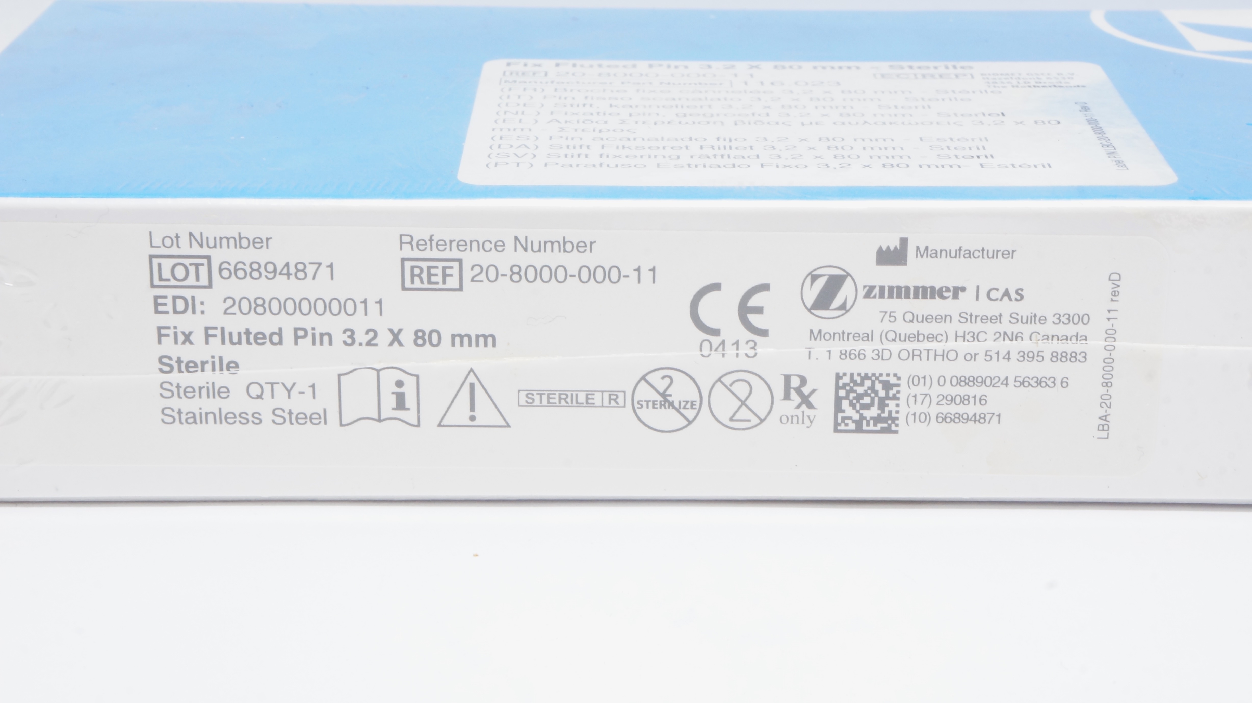 Zimmer 20-8000-000-11 Fix Fluted Pin, Sterile 3.2 x 80mm