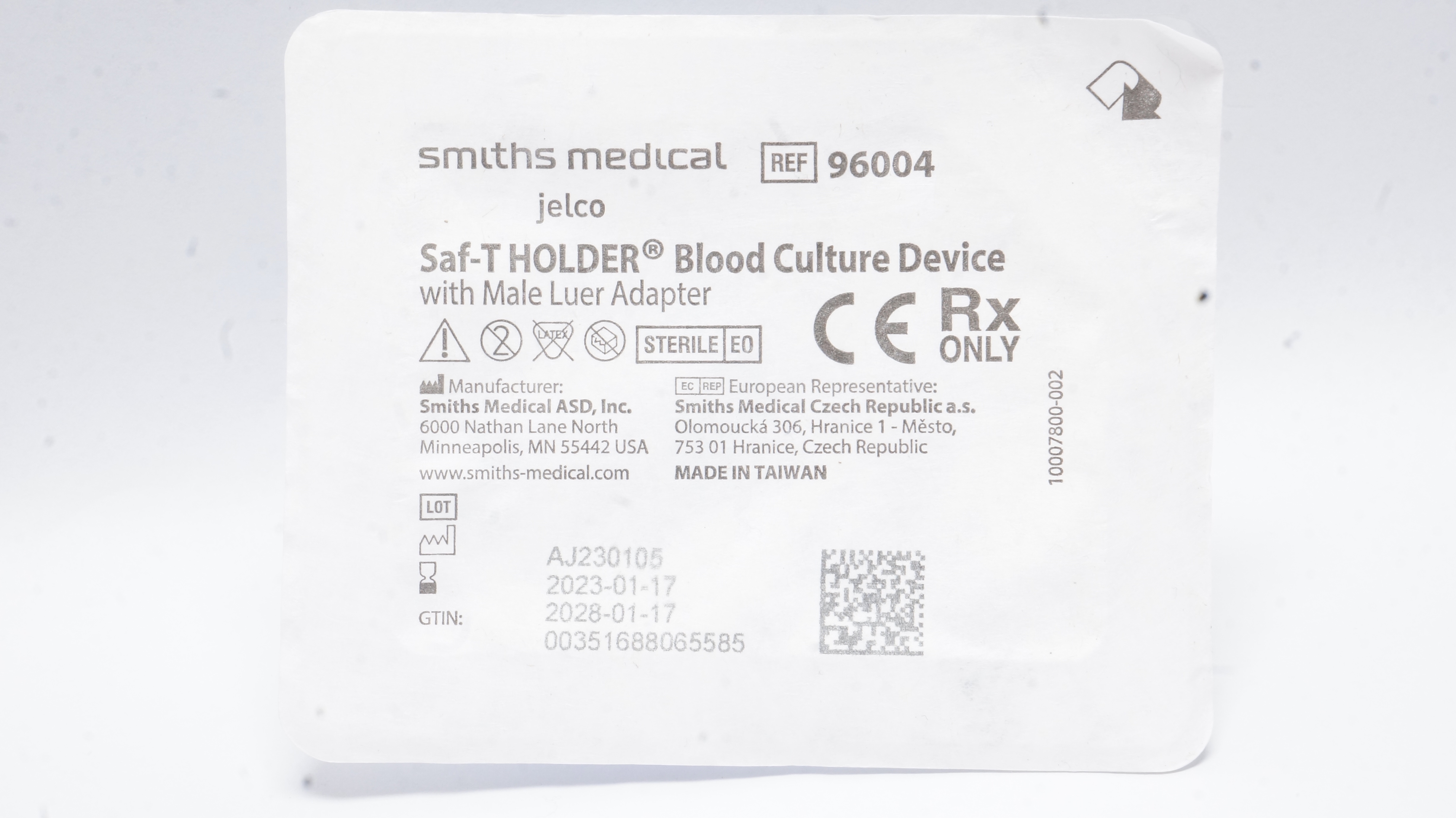 Smith Medical 96004 Jelco Saf-T HOLDER Blood Culture Device w/Male Luer Adapter