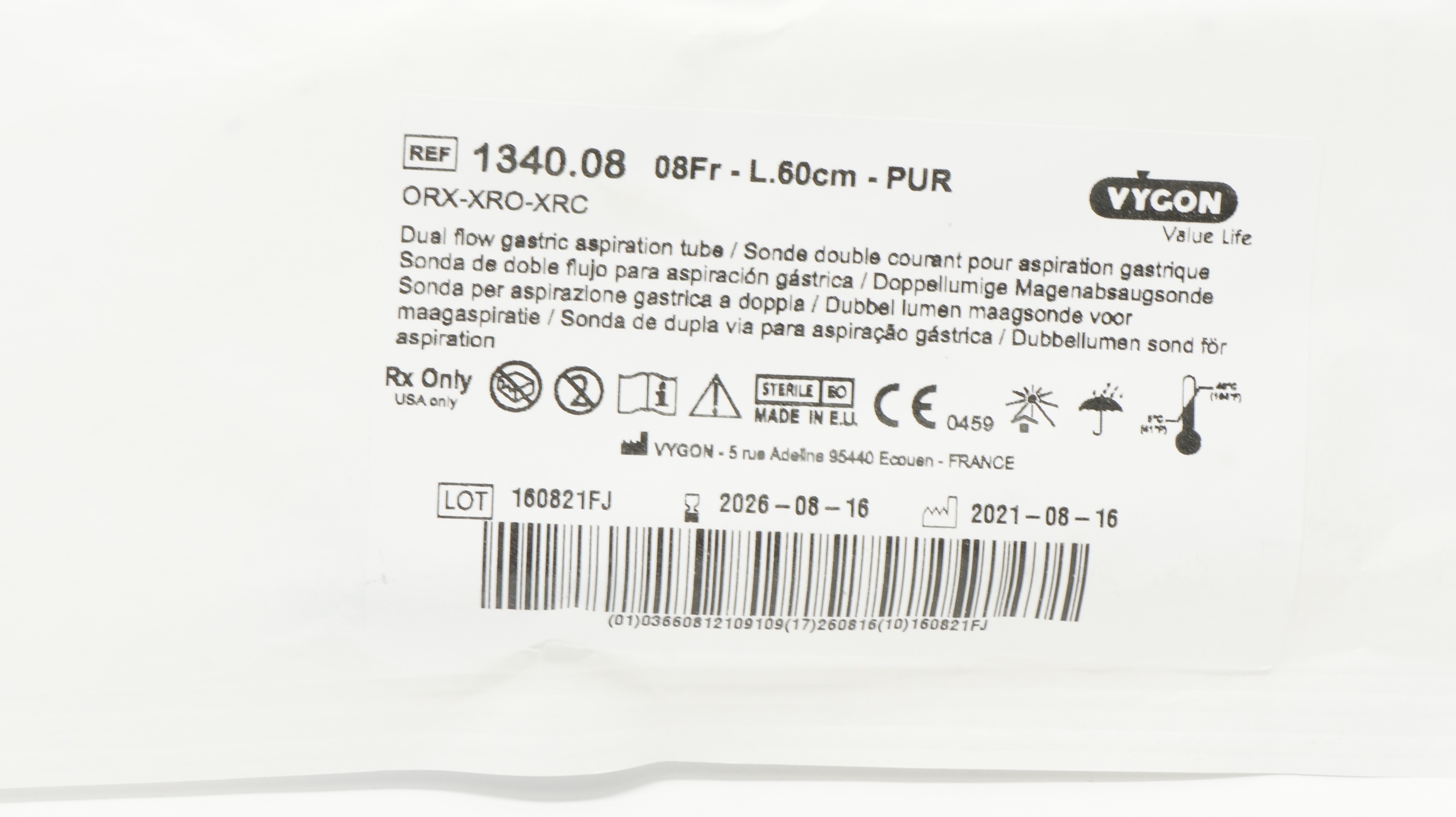 Vygon 1340.08 Dual Flow Gastric Aspiration Tube 08Fr x 60cm -PUR