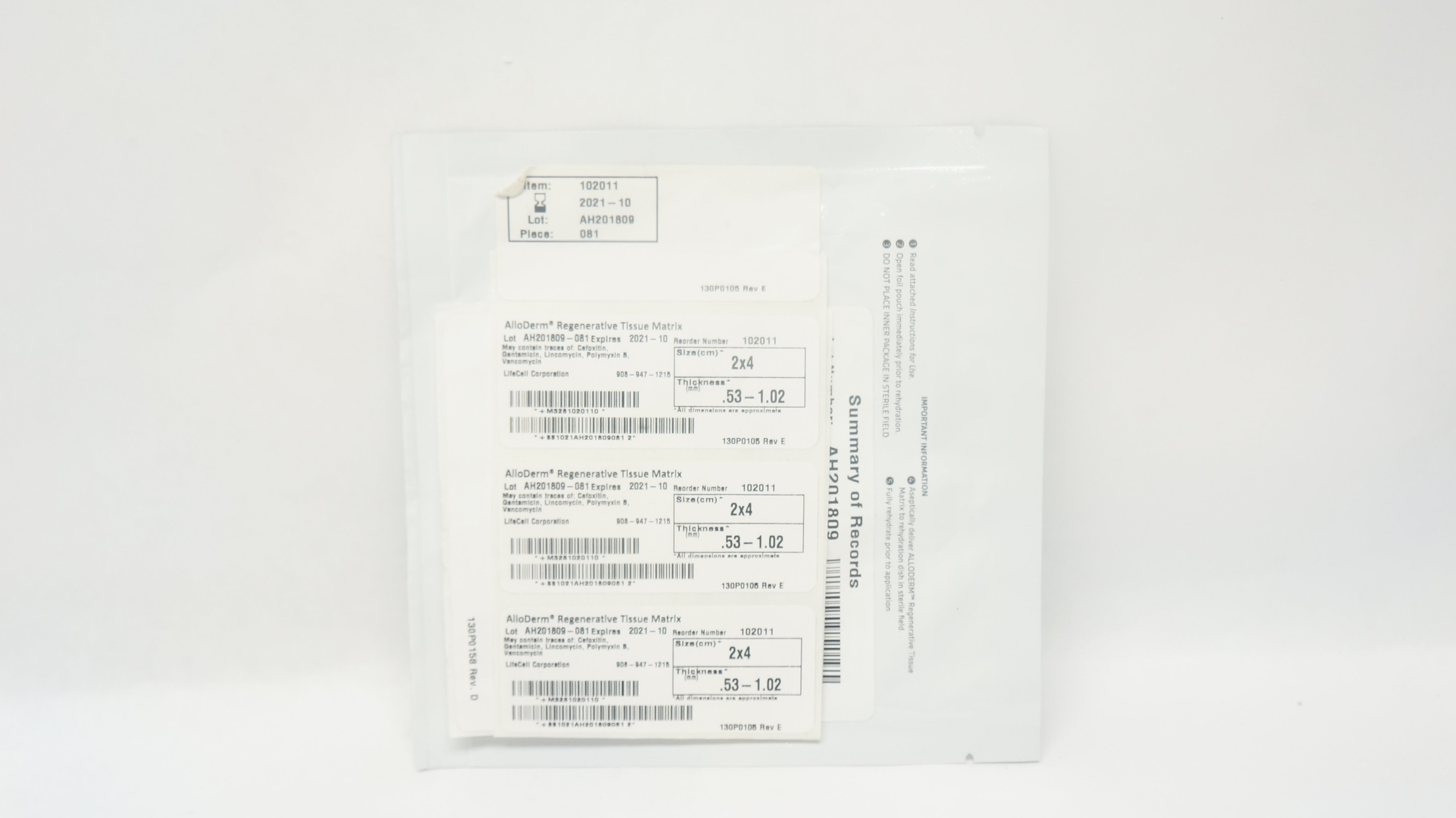 Allergan 102011 AlloDerm Regenerative Tissue Matrix 2cm x 4cm .53 1