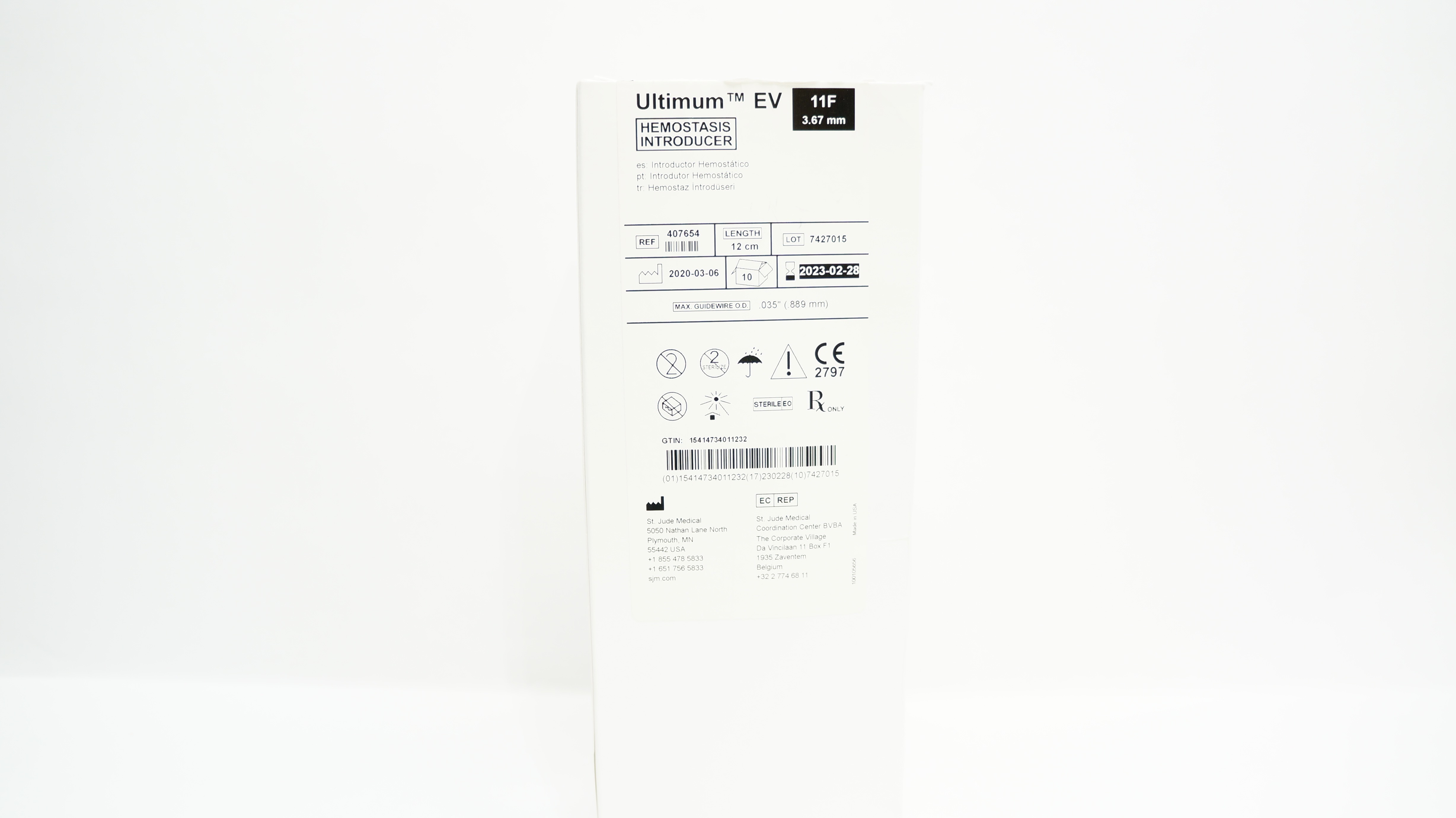 ST Jude Medical 407654 Ultimum Hemostasis Introducer 11F x 12cm (x) - Box of 10