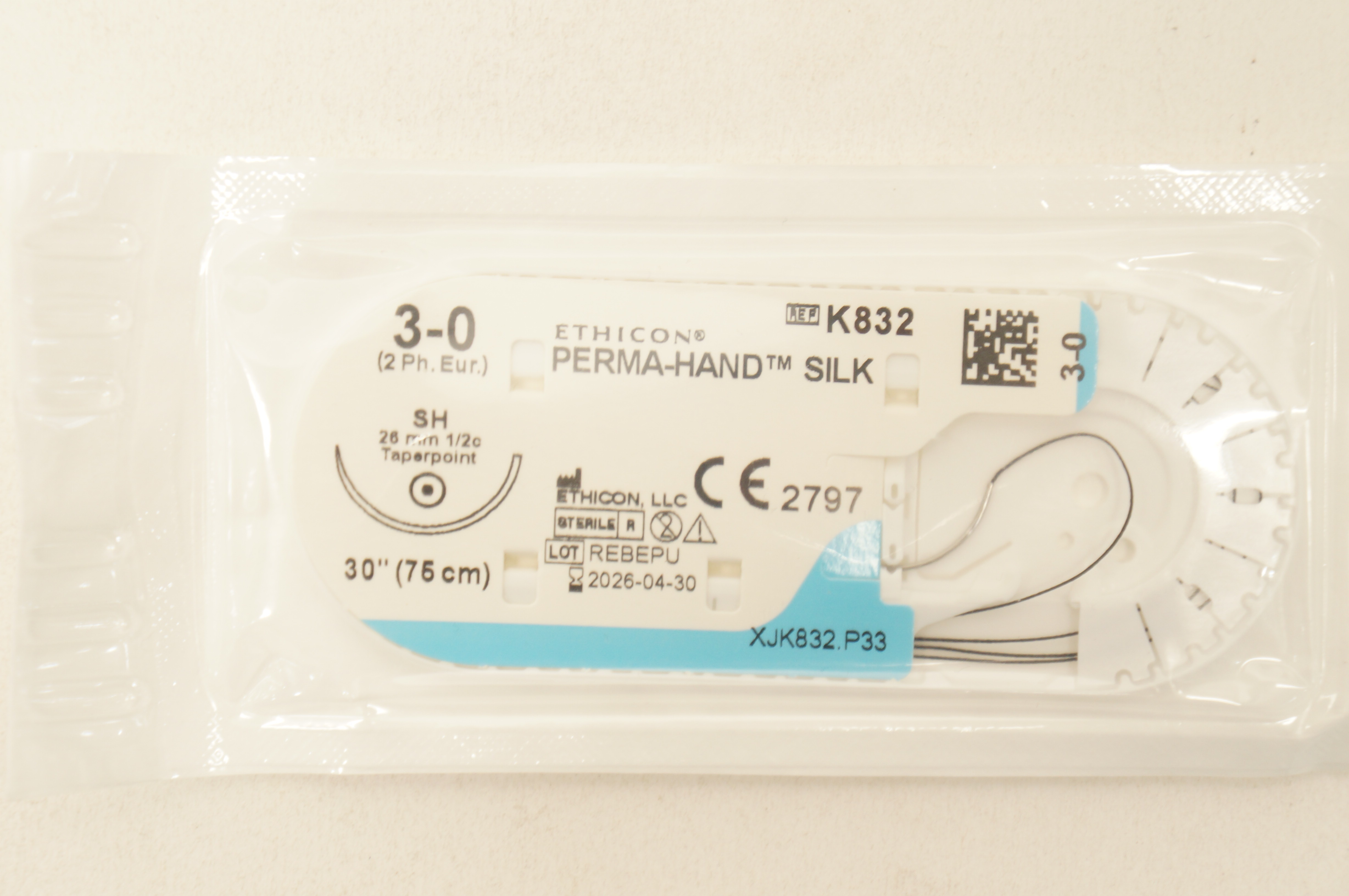Ethicon K832 3-0 PERMA-HAND SILK Stre SH 26mm 1/2c Taperpoint, 30inch