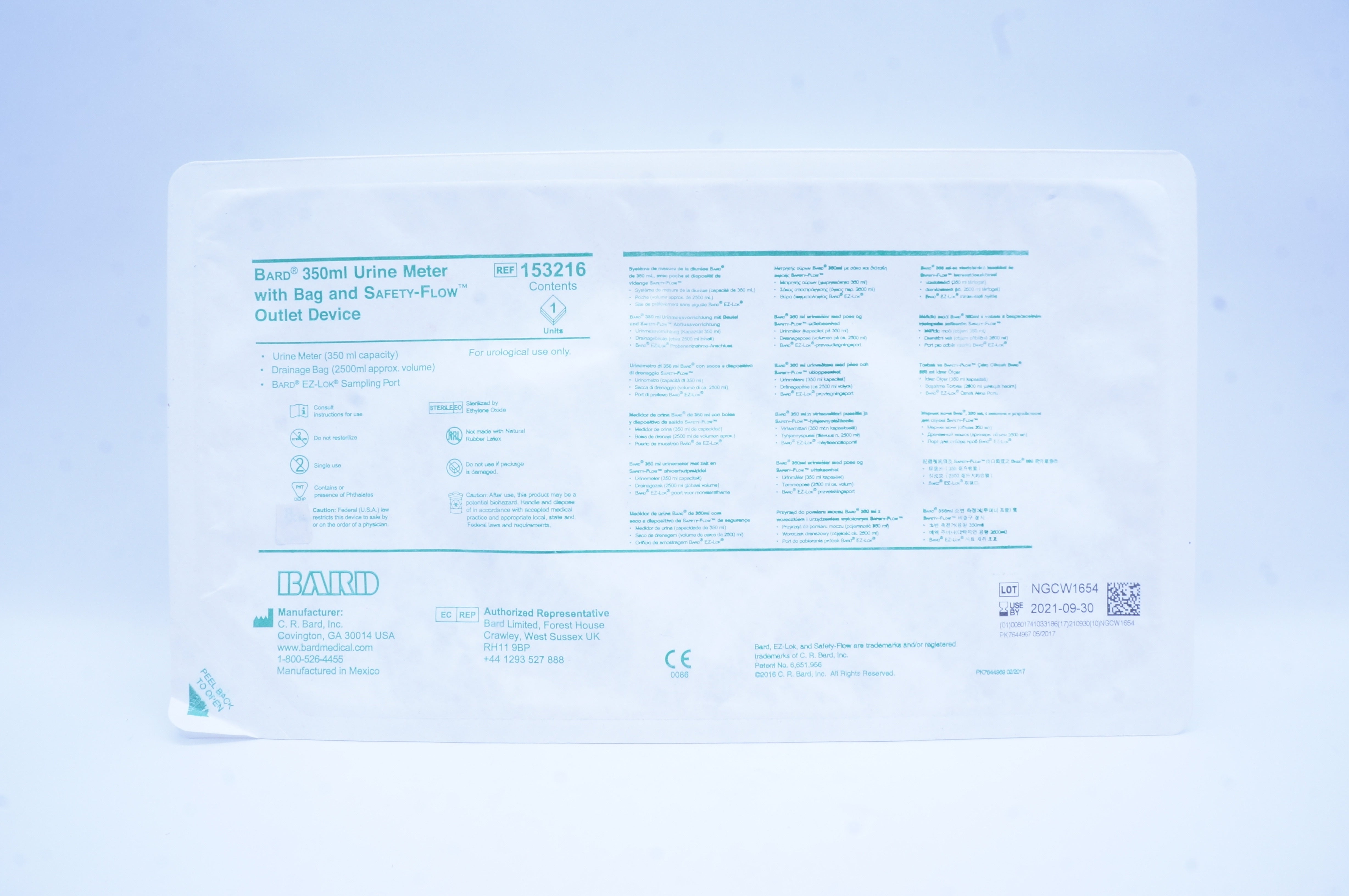 Bard 153216 Urine Meter With Bag And Safety-Flow Outlet Device 350 ml