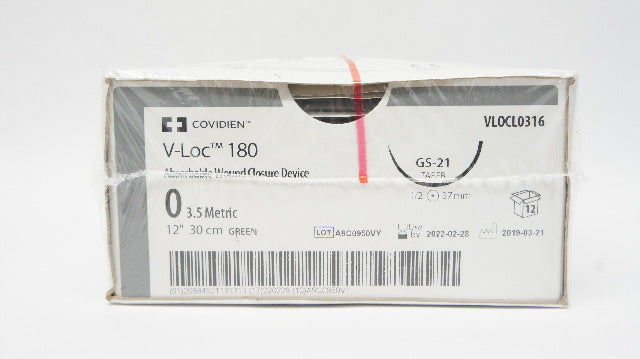 Covidien VLOCL0316 0 V-Loc 180 Wound Closure,GS-21,1/2 37mm,12in (x) - Box of 12