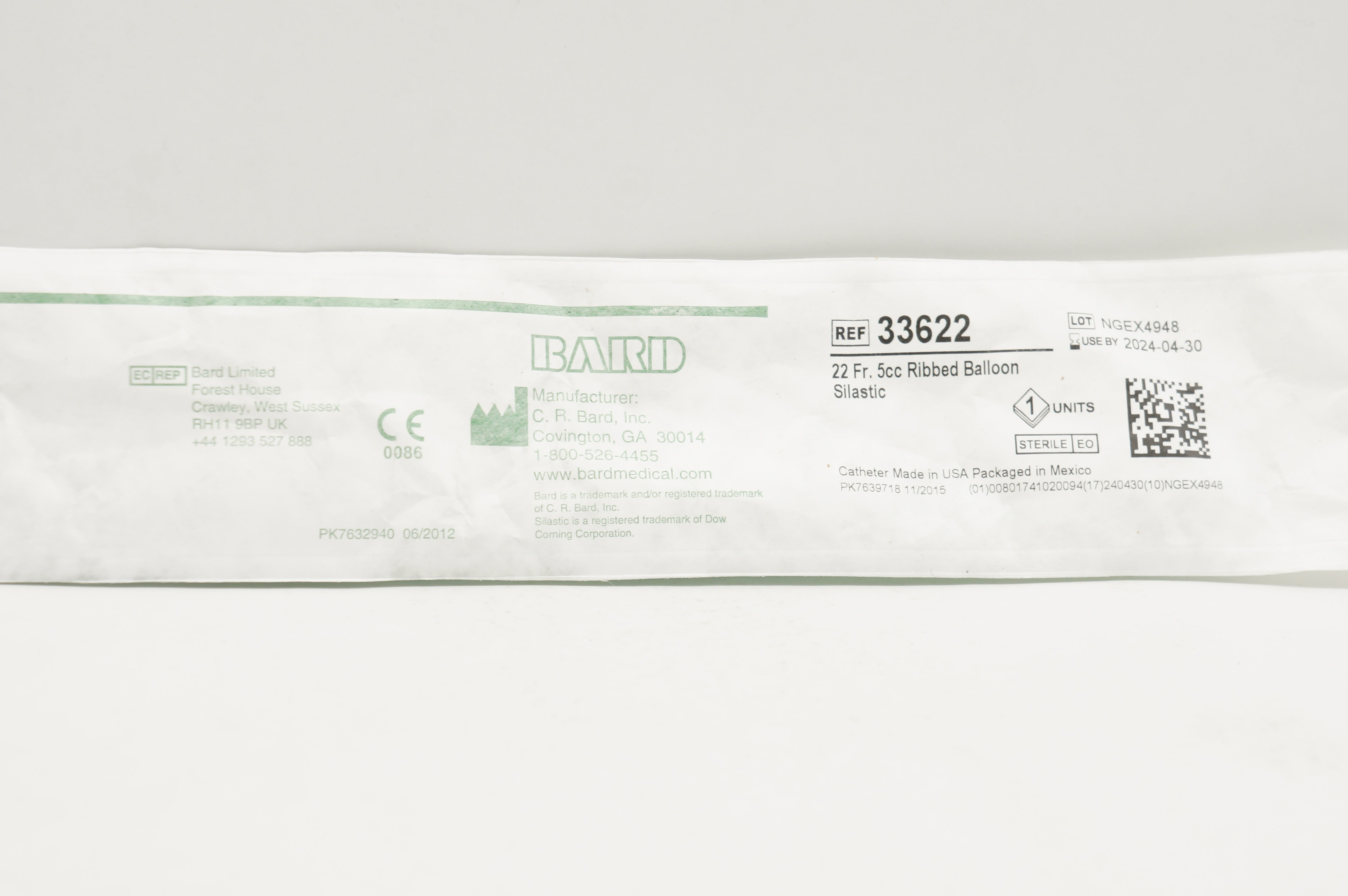 Bard 33622 Silastic Foley Cath. 22 Fr. 5cc Ribbed Balloon