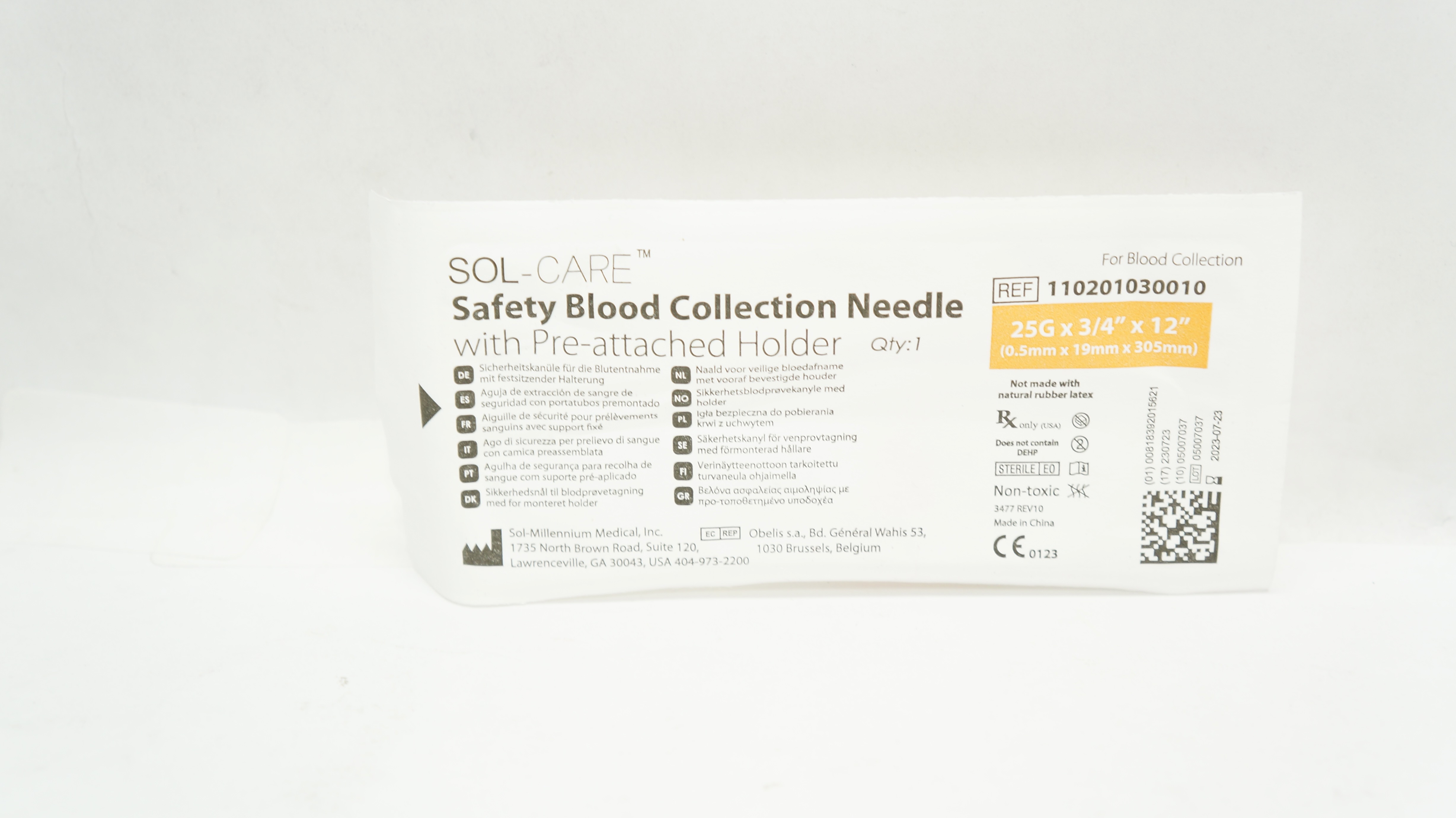 Sol-Millennium 110201030010 Sol-Care Blood Collection Ndle 25G x 3/4 x 12inch(x)