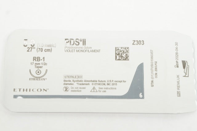 Ethicon Z303 5-0 PDS II VIOLET MONOFILAMENT RB-1 17mm 1/2c Taper, 27In