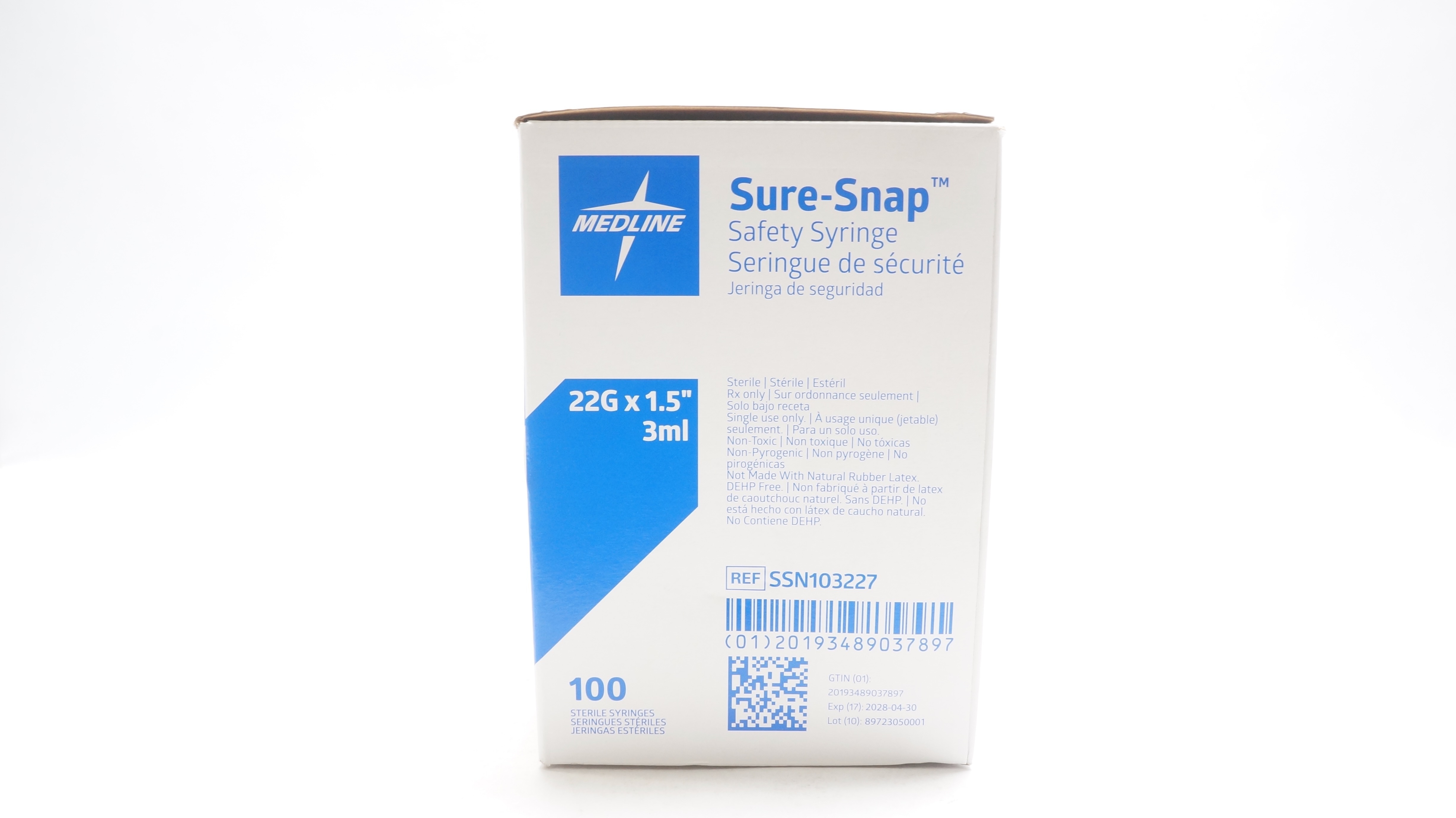 Medline SSN103227 Sure-Snap Safety Syringe 22G x 1.5inch 3ml - Box of 48