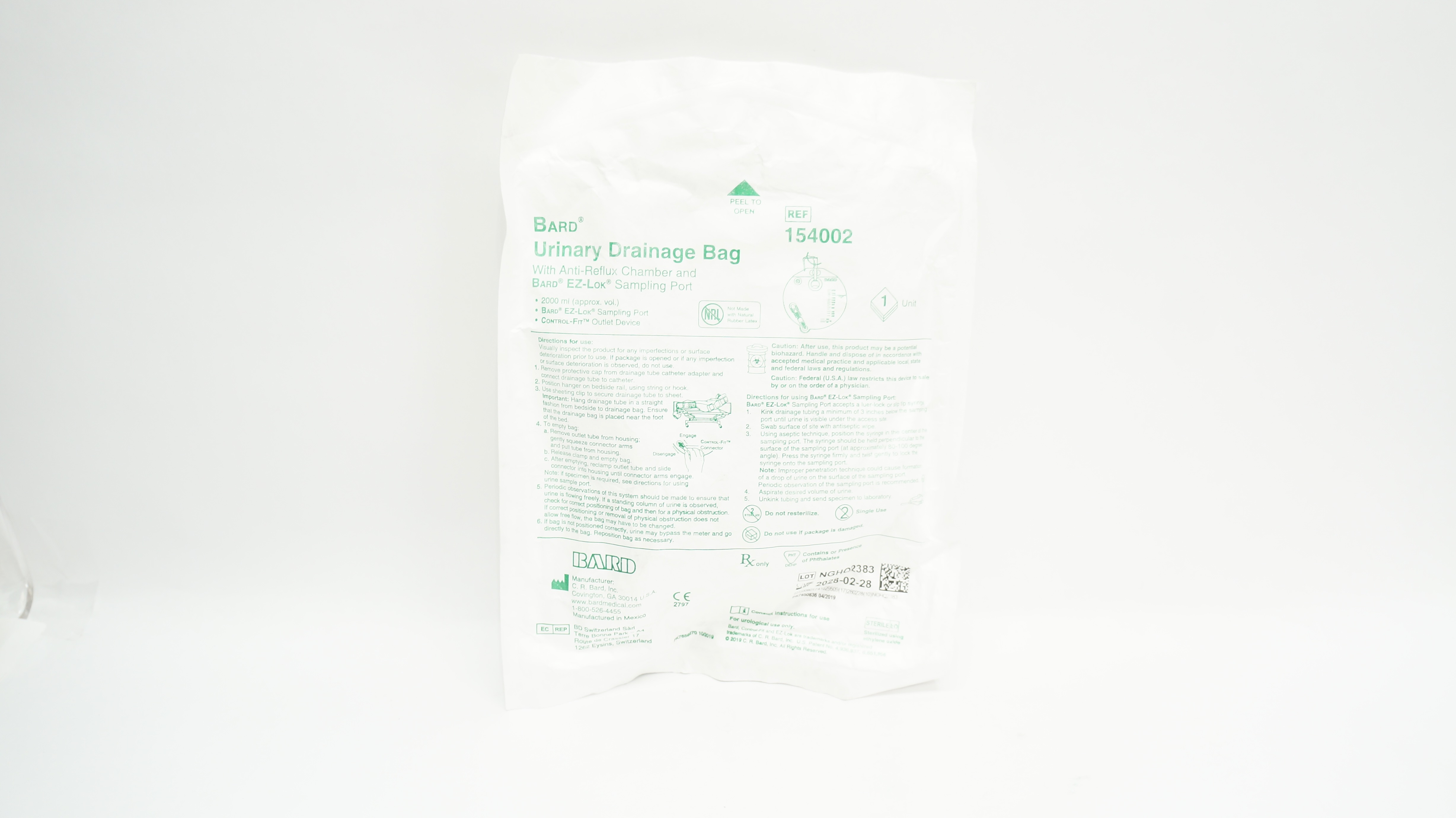Bard 154002 Urinary Drainage Bag with Anti-Reflux Chamber & Sampling Port 2000mL