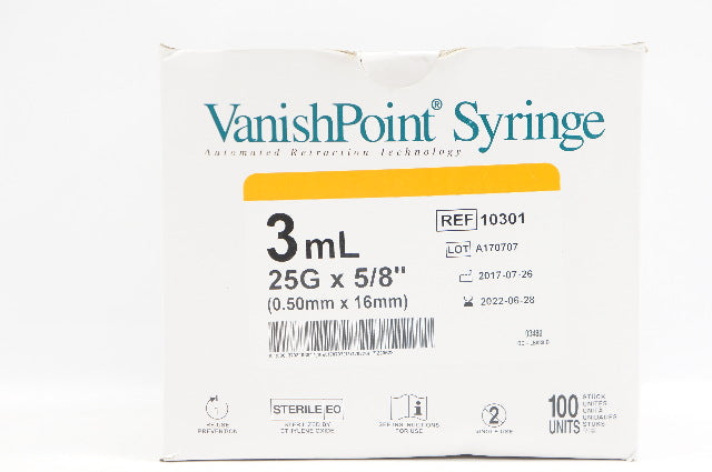 Retractable 10301 VanishPoint 3mL Syringe 25G 5/8 Inch Needle - Box of 100
