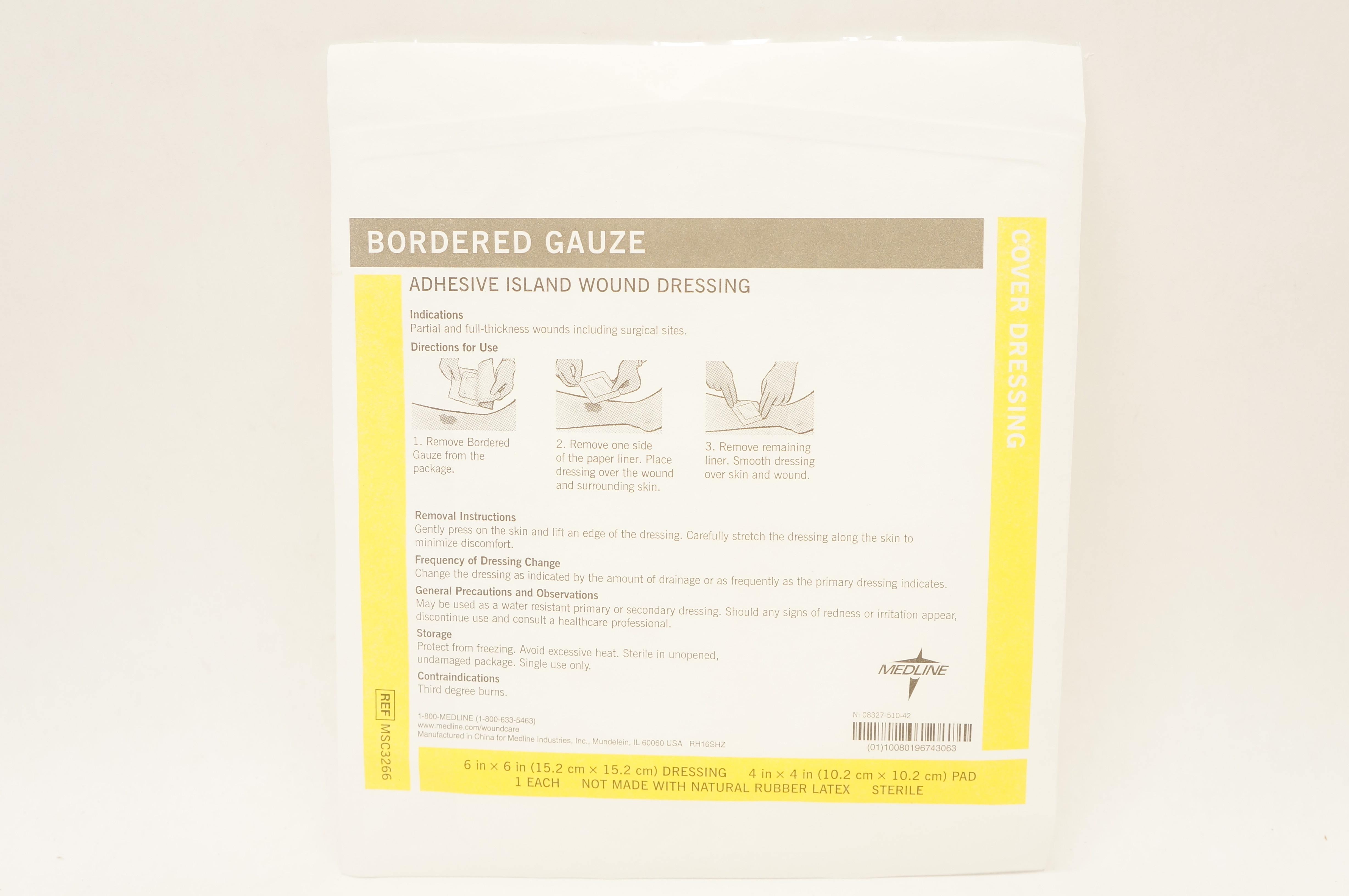 Medline MSC3266 Bordered Gauze Adhesive Island Wound Dressing 6x6inch,Pad4x4inch