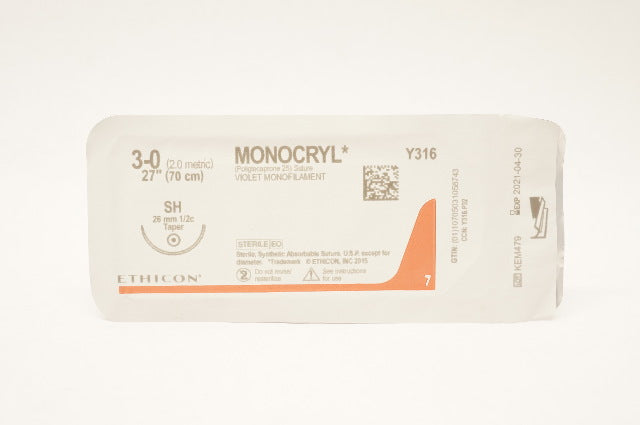 Ethicon Y316 3-0 MONOCRYL Violet Monofilament SH 26mm 1/2c Taper, 27inch (x)