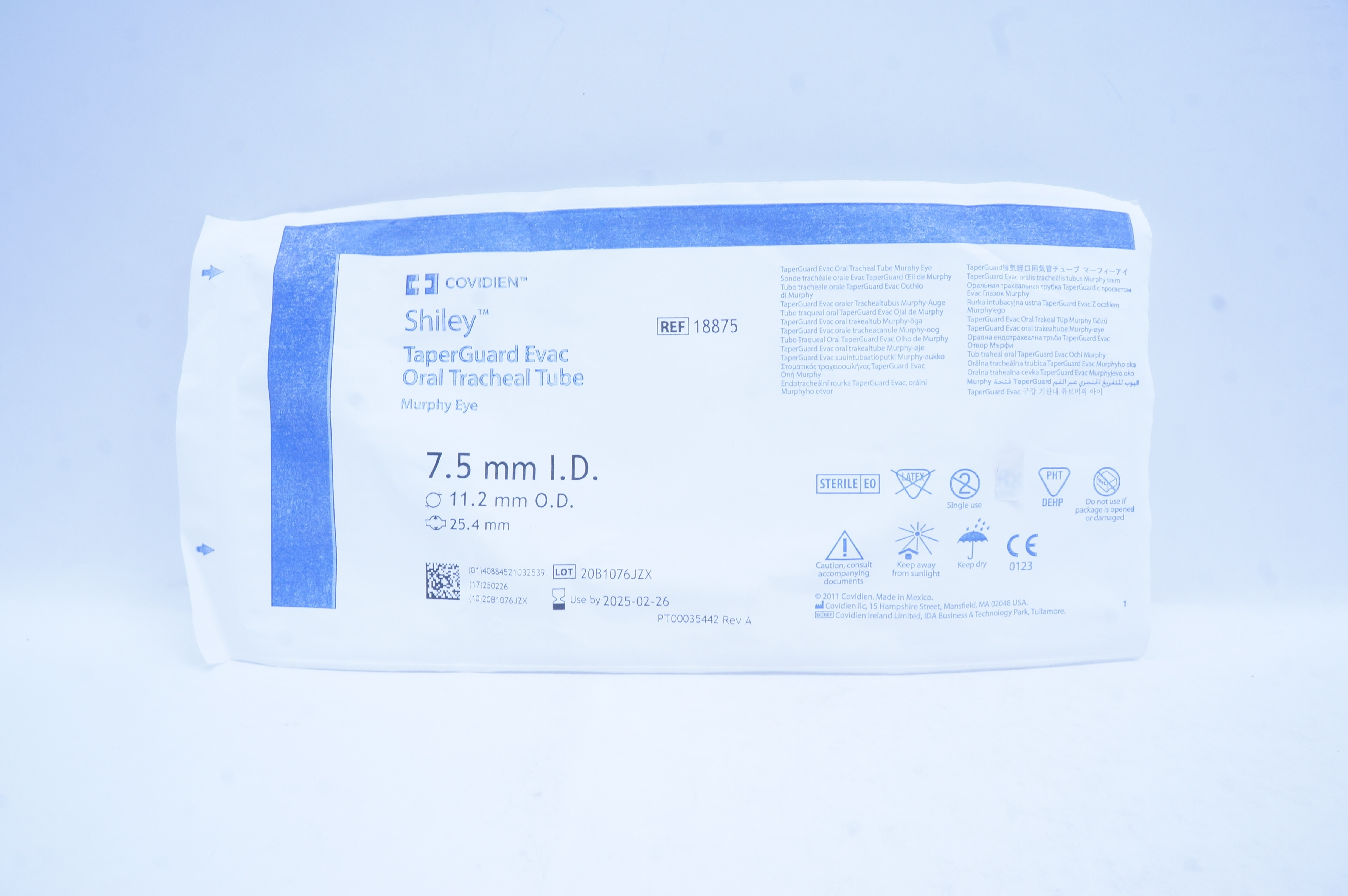 Covidien 18875 Shiley TaperGuard Evac Oral Tracheal Tube 7.5 x 11.2 x 25.4mm