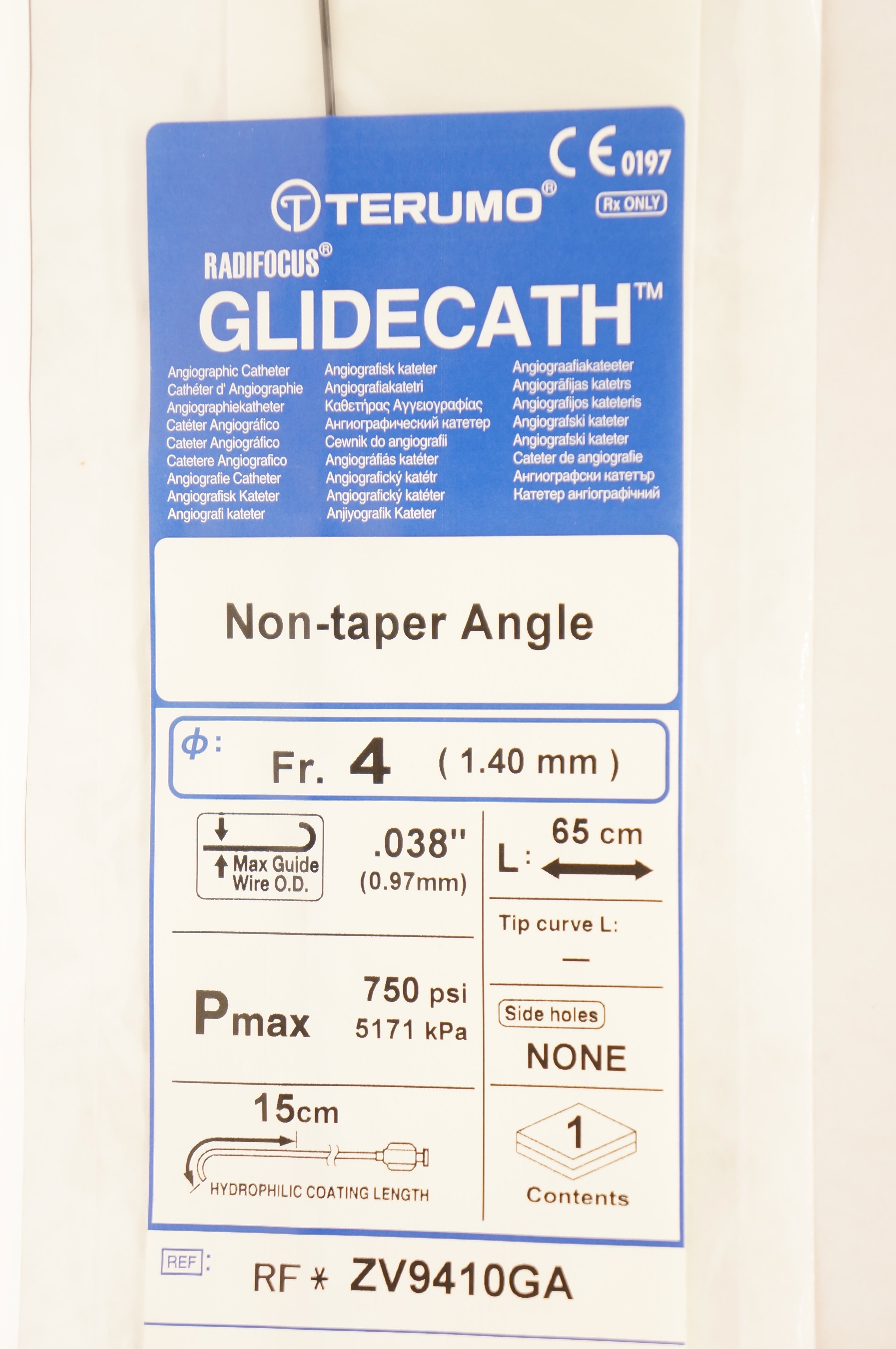 Terumo ZV9410GA Radifocus Glidecath Angiographic Cath. 4Fr x 65cm x .038inch(x)