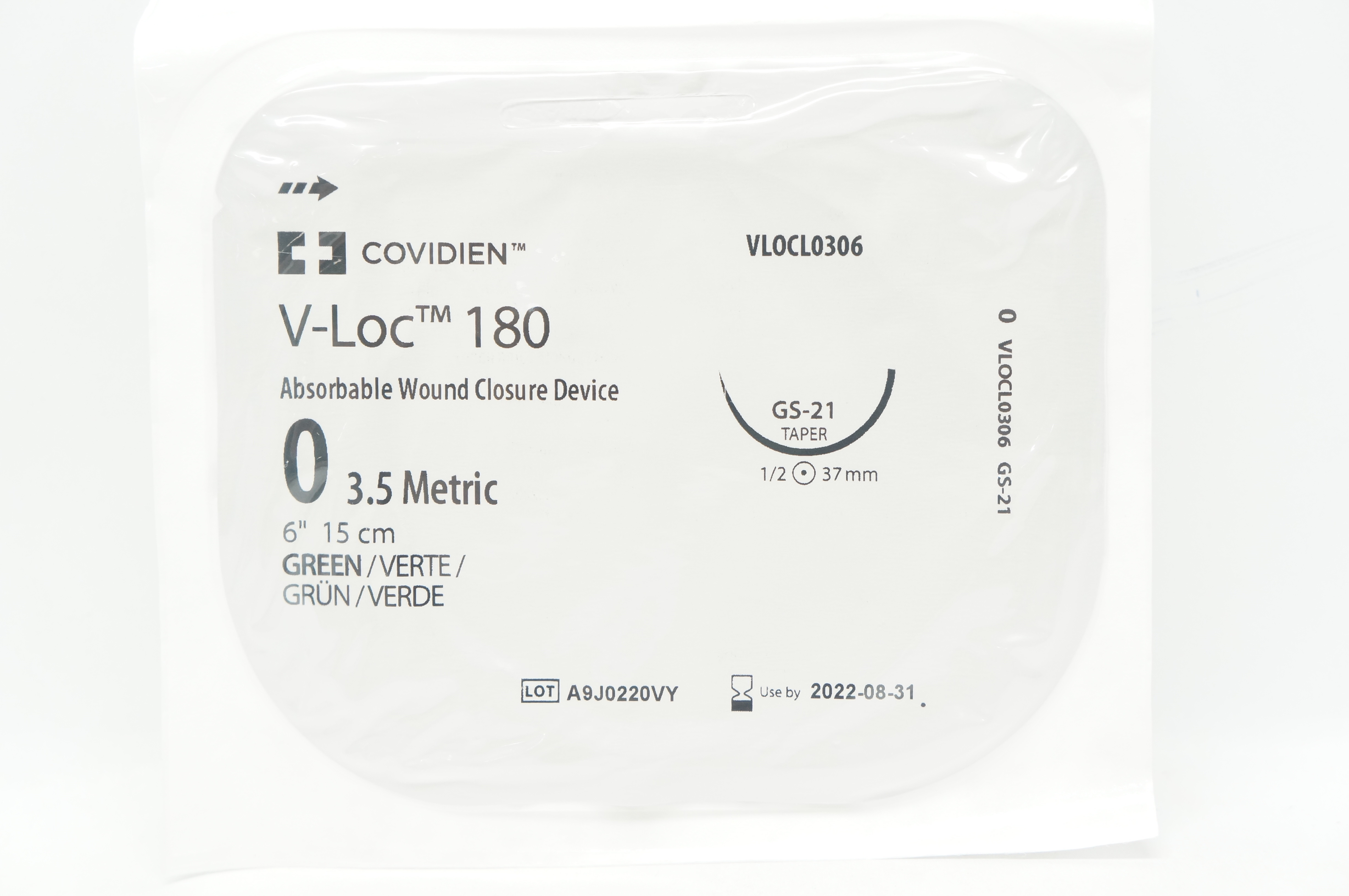 Covidien VLOCL0306 0 V-Loc 180 Green GS-21 Taper 1/2c 37mm, 6inch