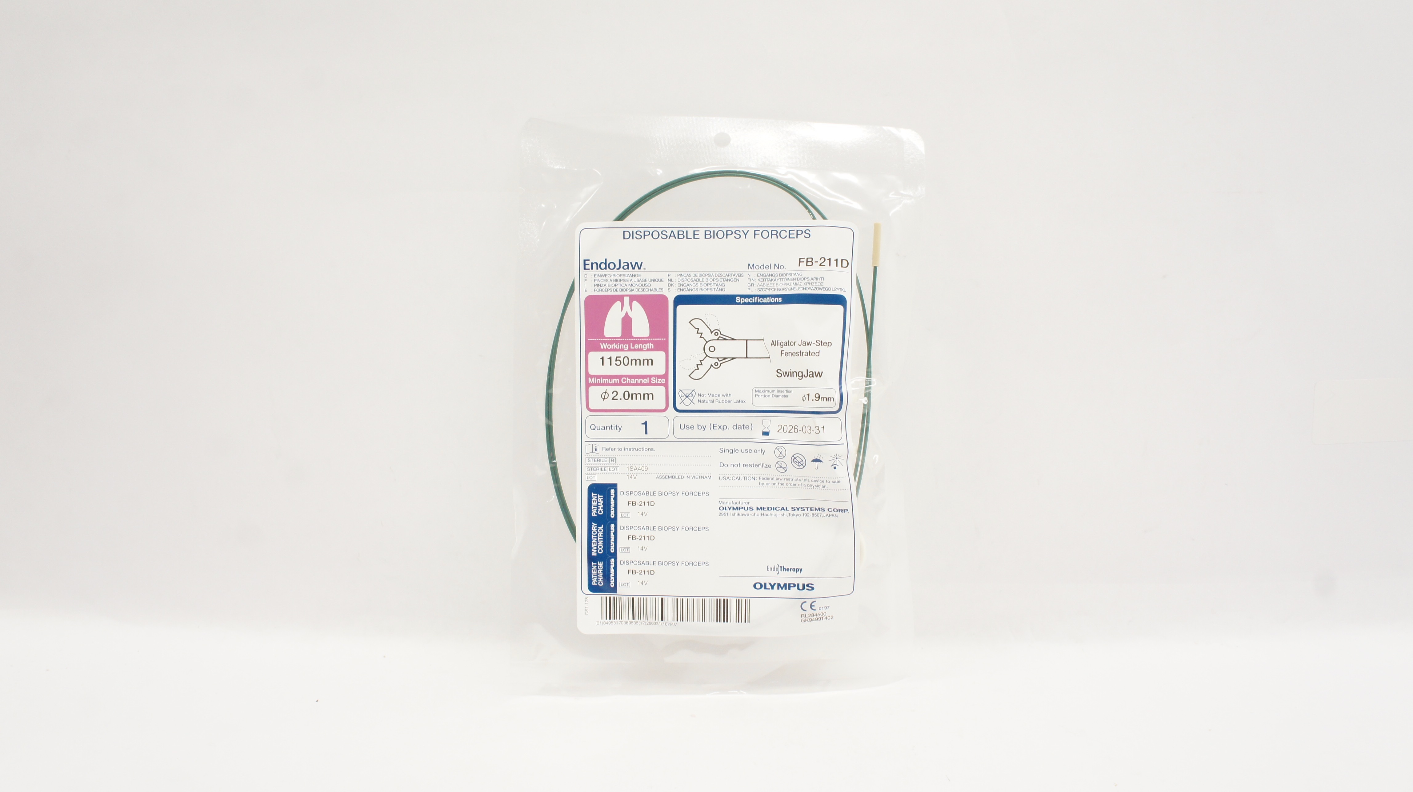 Olympus FB-211D EndoJaw Disposable Biopsy Forceps Diam. 2.0mm WL 1150mm