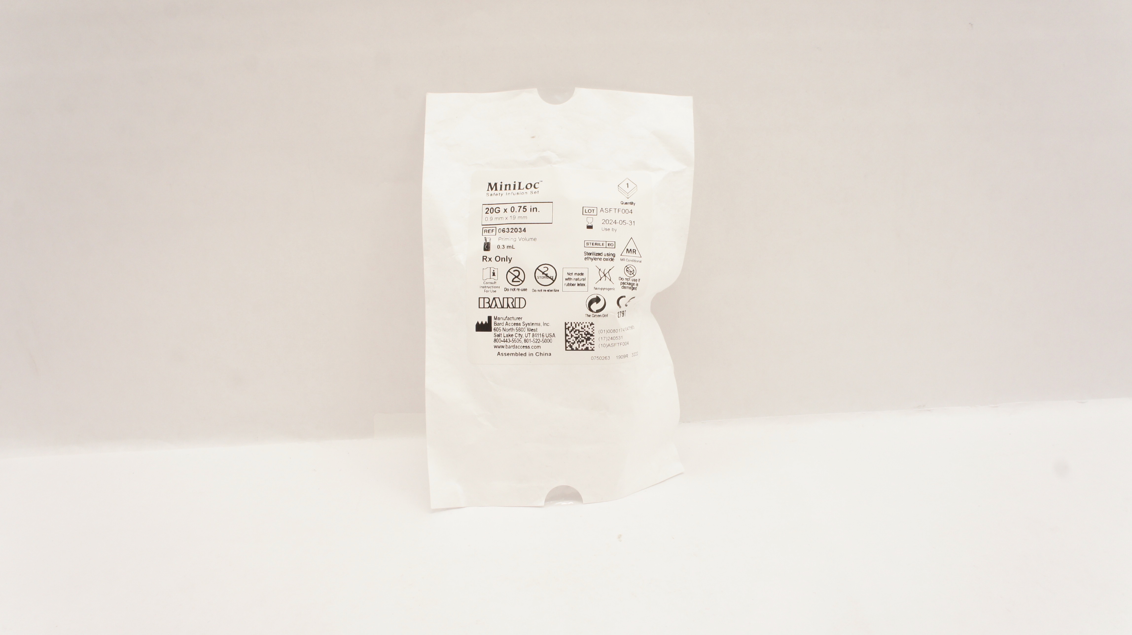 Bard 0632034 MiniLoc Safety Infusion Set 20G x 0.75 inch, Priming Vol. 0.3ml