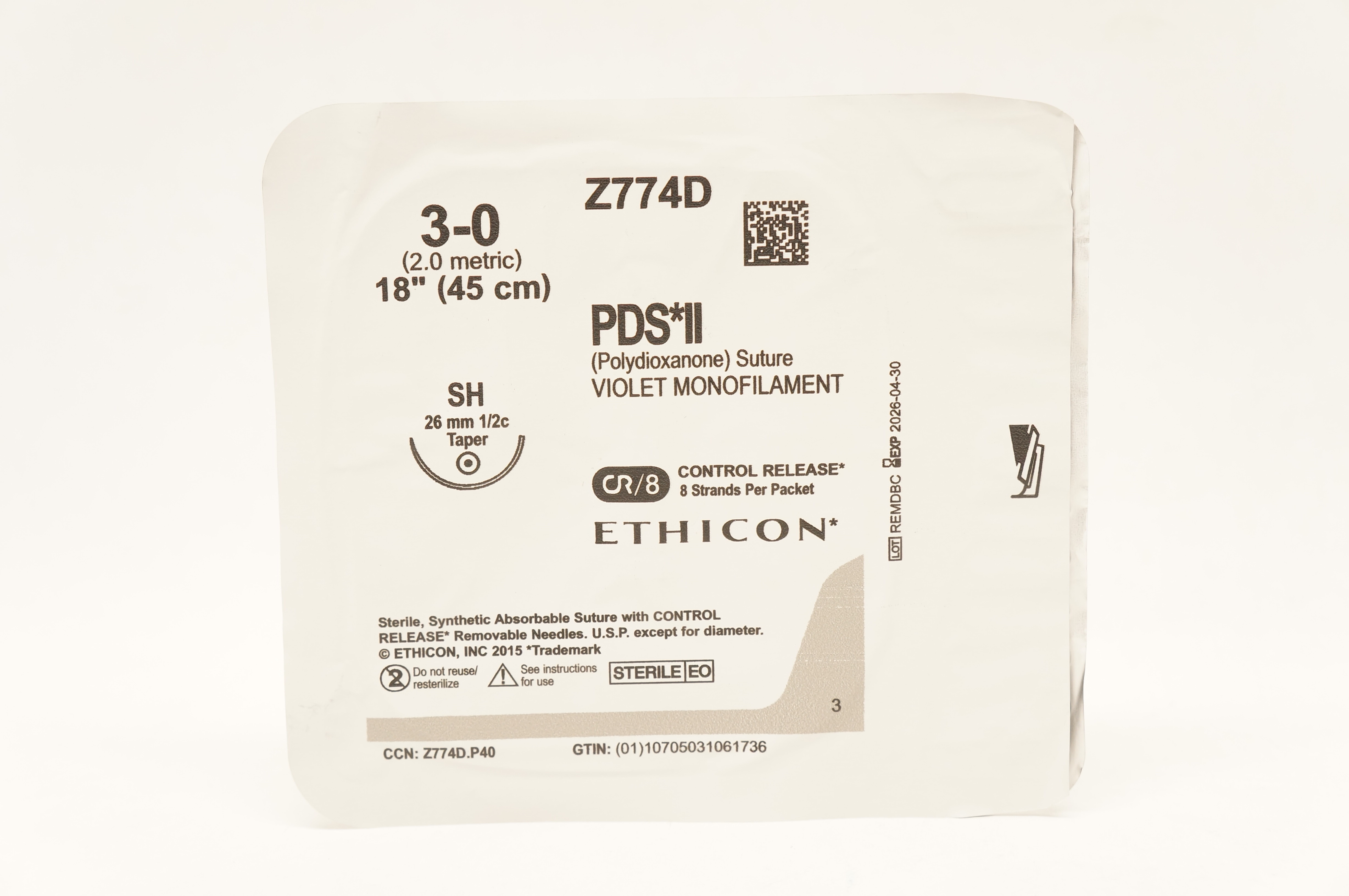 Ethicon Z774D 3-0 PDS II Violet Monofilament SH 26mm 1/2c Taper, 18inch
