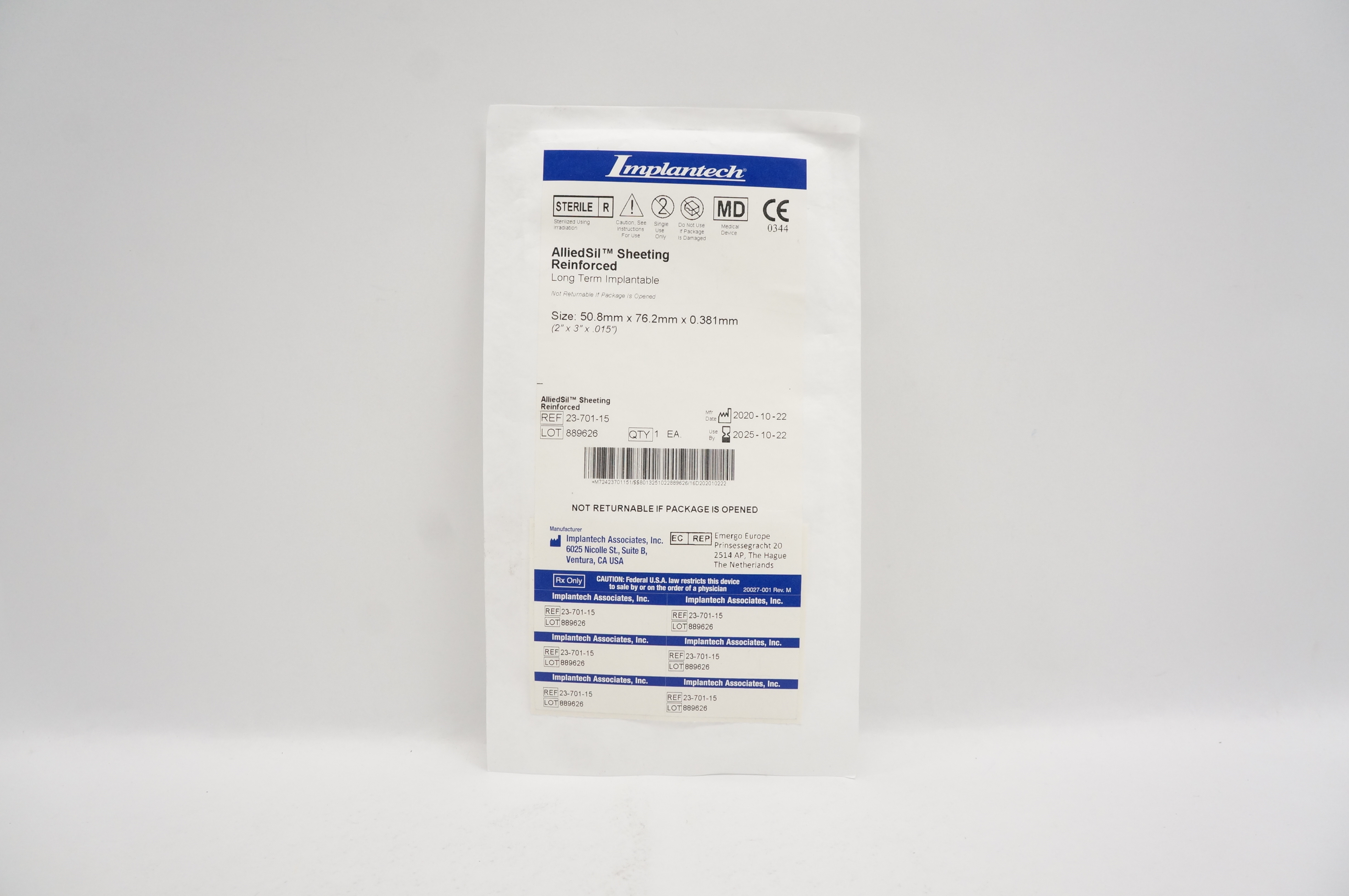 Implantech 2370115 AlliedSil Sheeting Reinforced Size 2 x 3 x .015inch