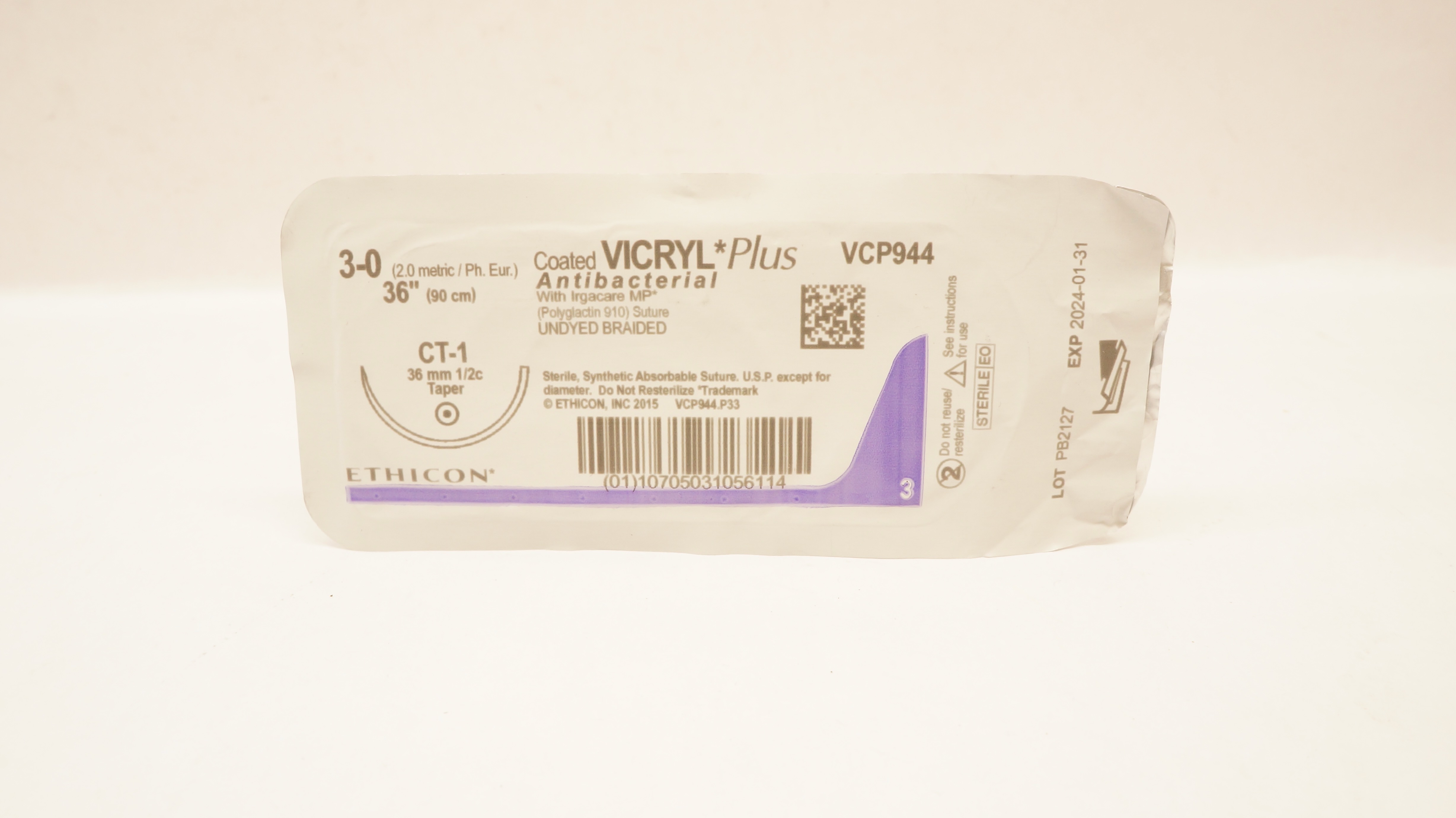 Ethicon VCP944 3-0 Coated VICRYL Plus, CT-1 36mm 1/2c Taper, 36inch