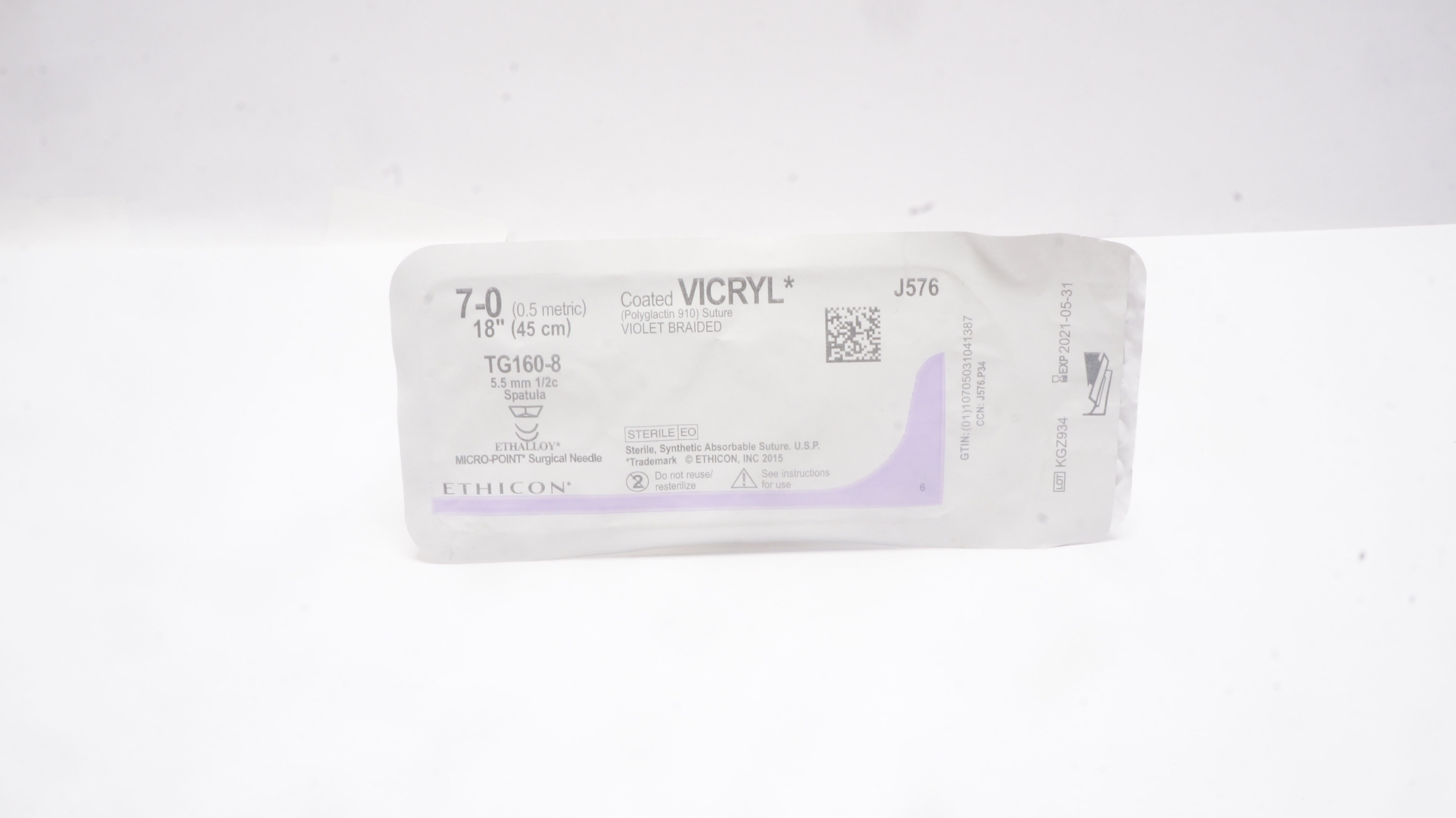 Ethicon J576 7-0 Coated VICRYL,  TG160-8,  5.5mm 1/2c Spatula,  18inch (x)