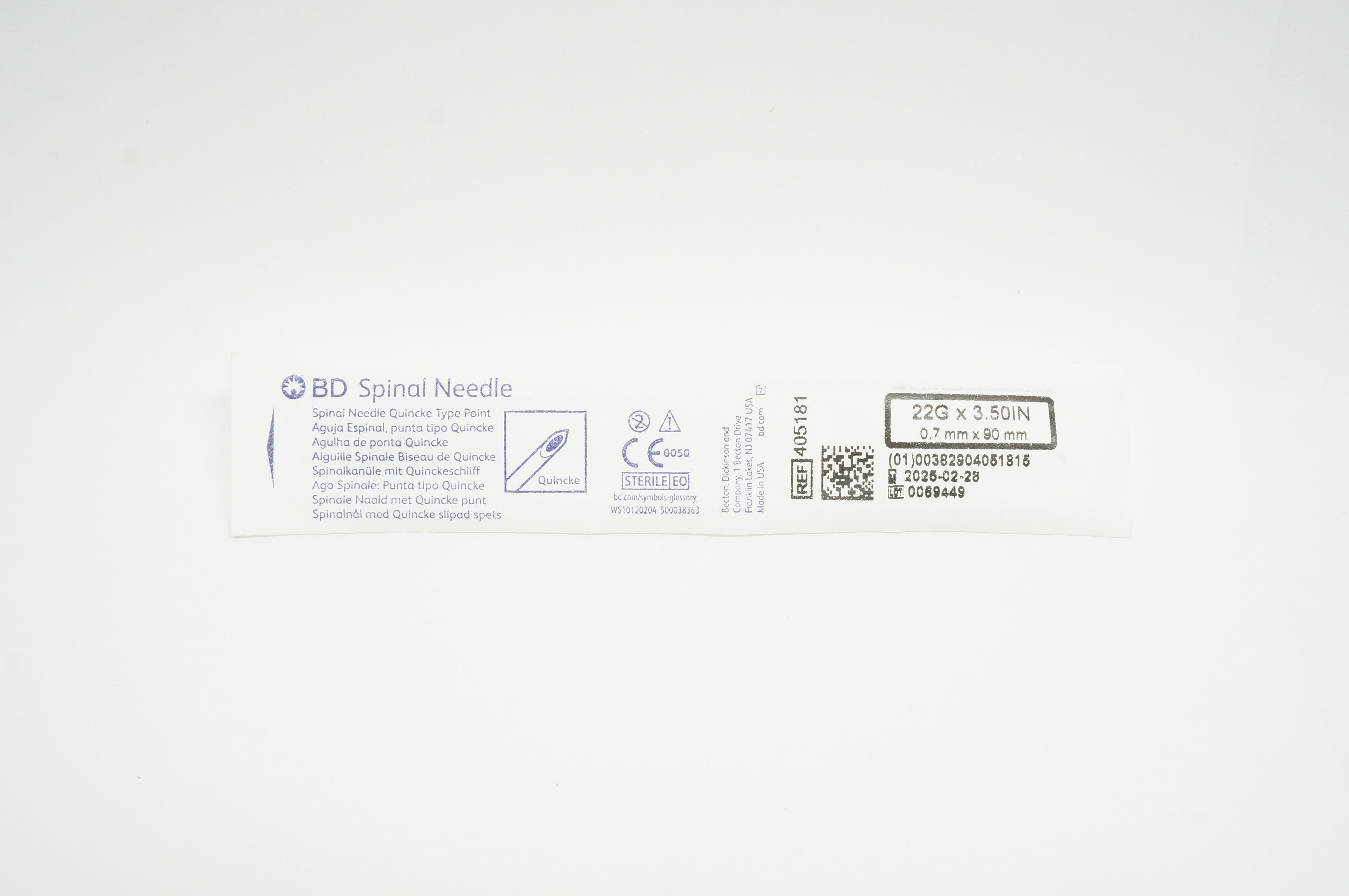 BD 405181 Becton Spinal Ndle. Quincke Type Point 22G x 3.50inch
