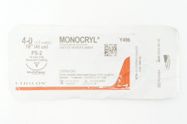 Ethicon Y496 4-0 MONOCRYL Undyed  Stre PS-2 19mm 3/8c Reverse Cutting, 18inch