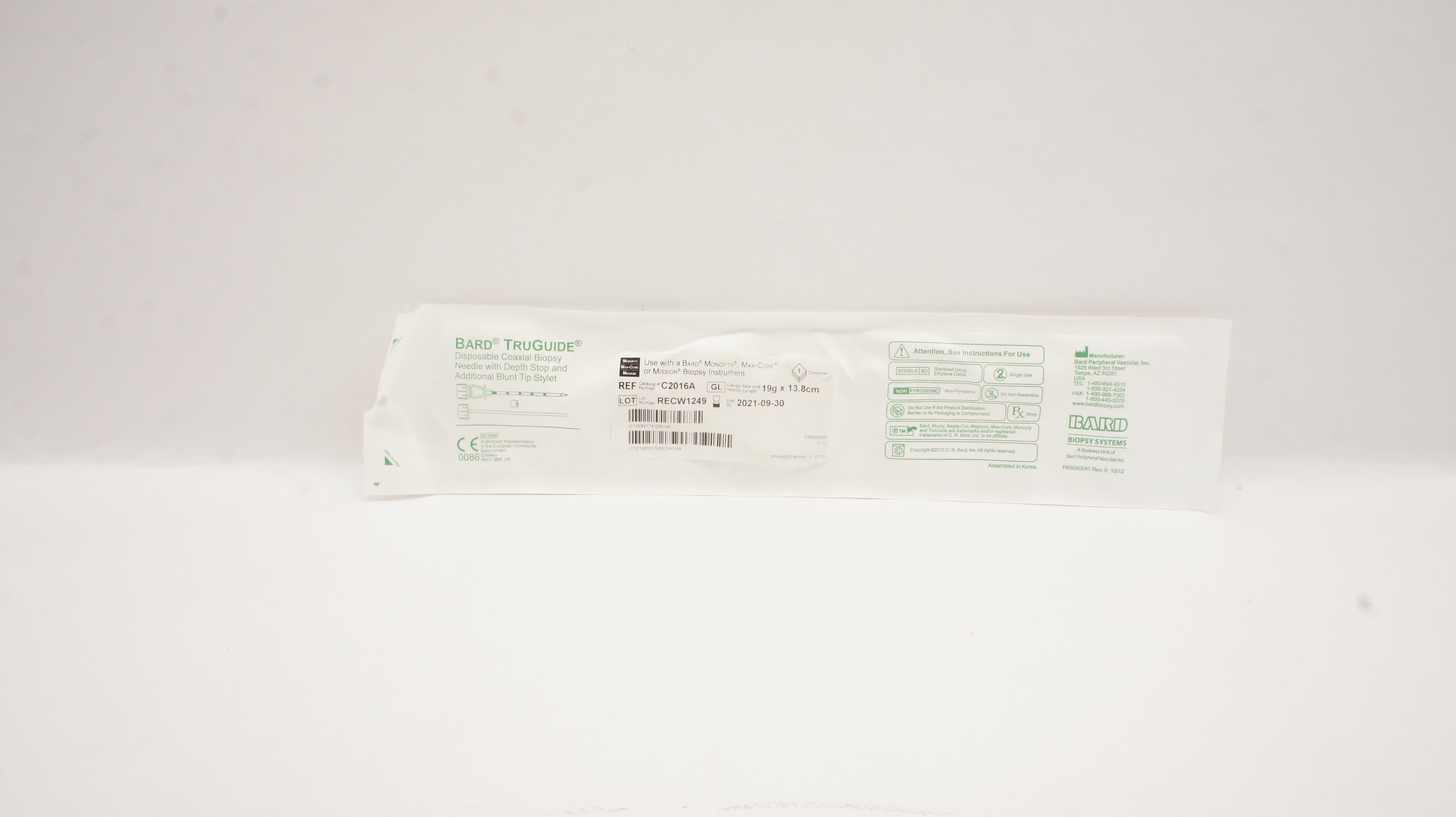 Bard C2016A TruGuide Disposable Coaxial Biopsy Ndle. 19g x 13.8cm (x)