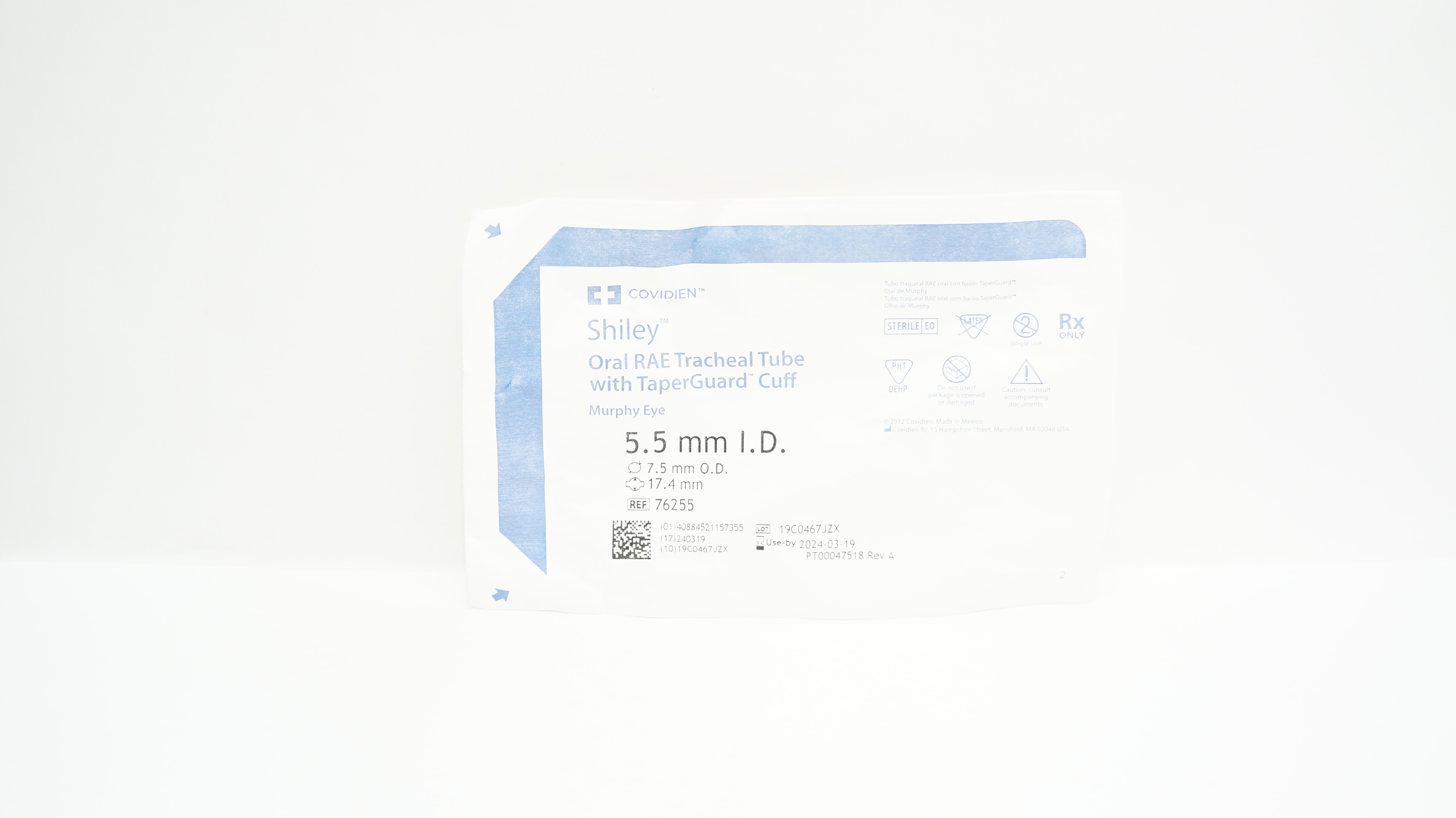 Covidien 76255 Shiley Oral Nasal RAE Tracheal Tube W/Cuff 5.5 x 7.5 x 17.4mm