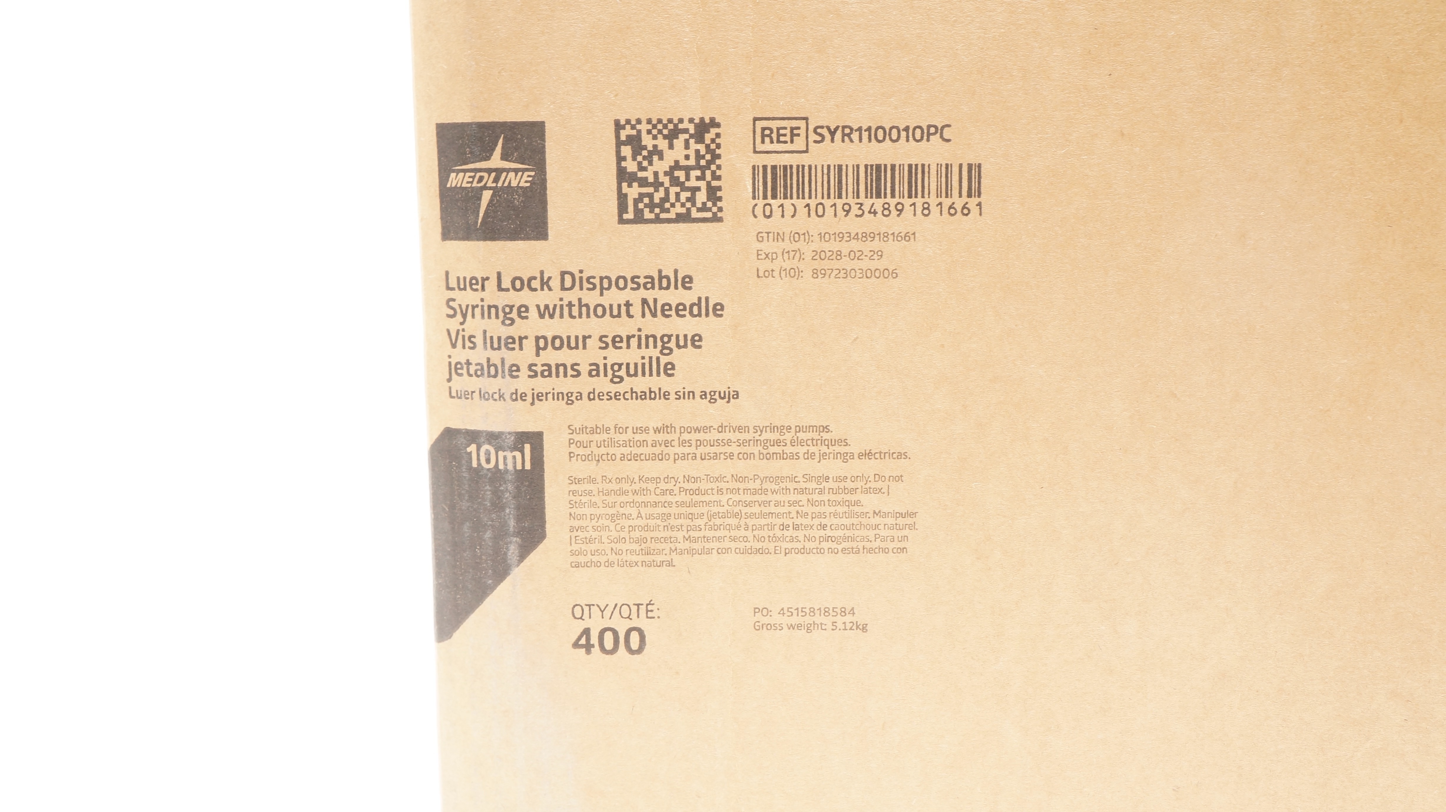 Medline SYR110010PC Luer Lock Disposable Syringe w/out Ndle 10ml - Case of 400