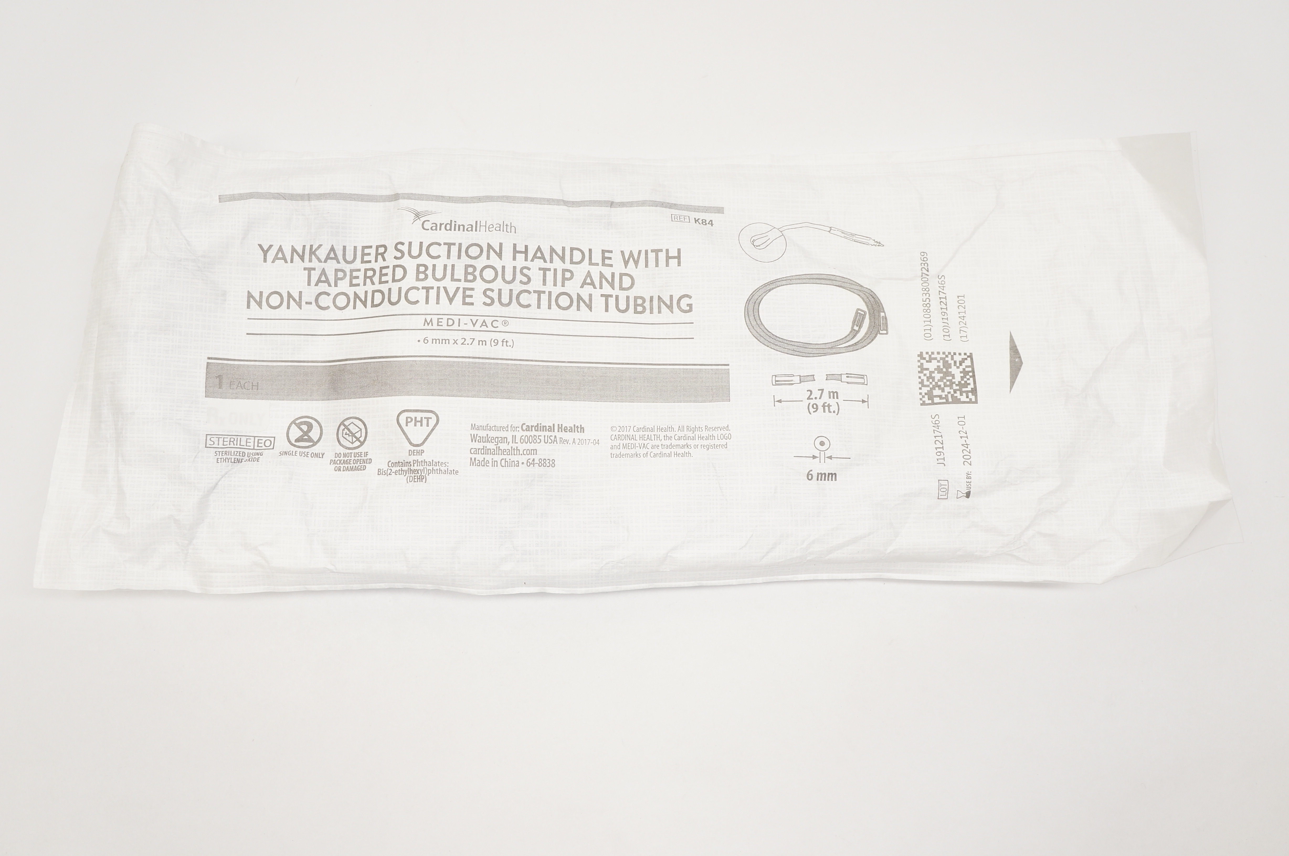Cardinal Health K84 Yankauer Suction Handle with Tapered Bulbous Tip 6mm x 9Ft.