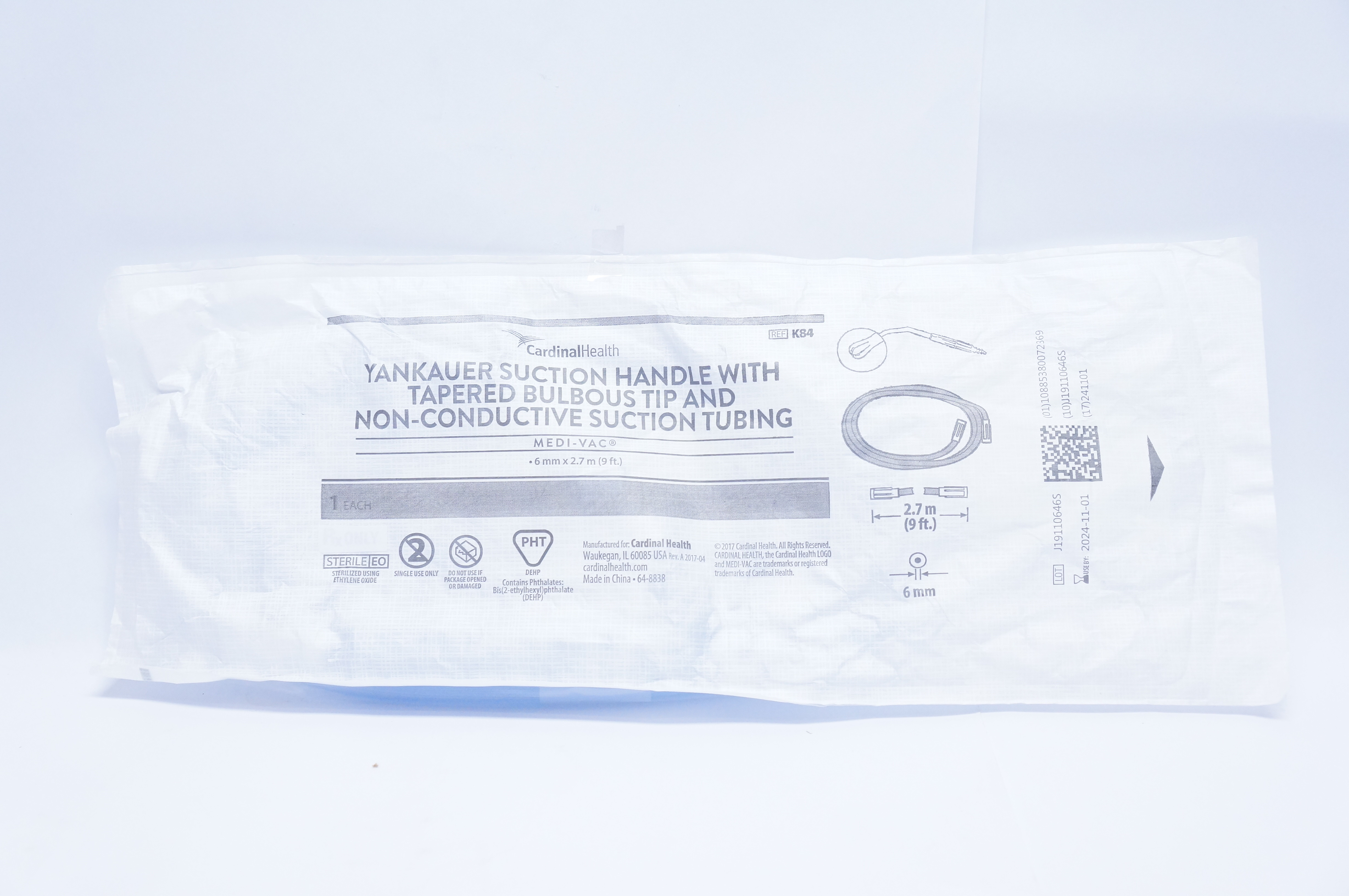 Cardinal Health K84 Yankauer Suction Handle with Tapered Bulbous Tip 6mm x 9Ft.