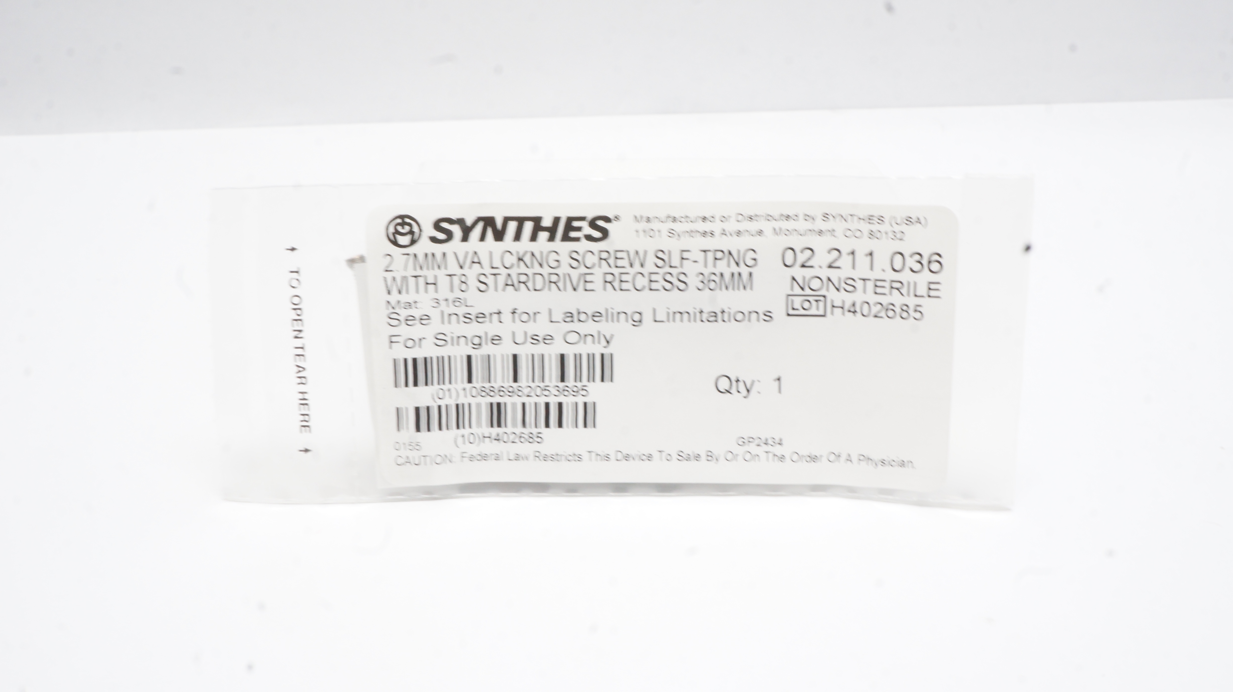 Synthes 02.211.036 2.7mm VA LCKNG Screw Self/Tapping W/T8 Stardrive Recess 36mm