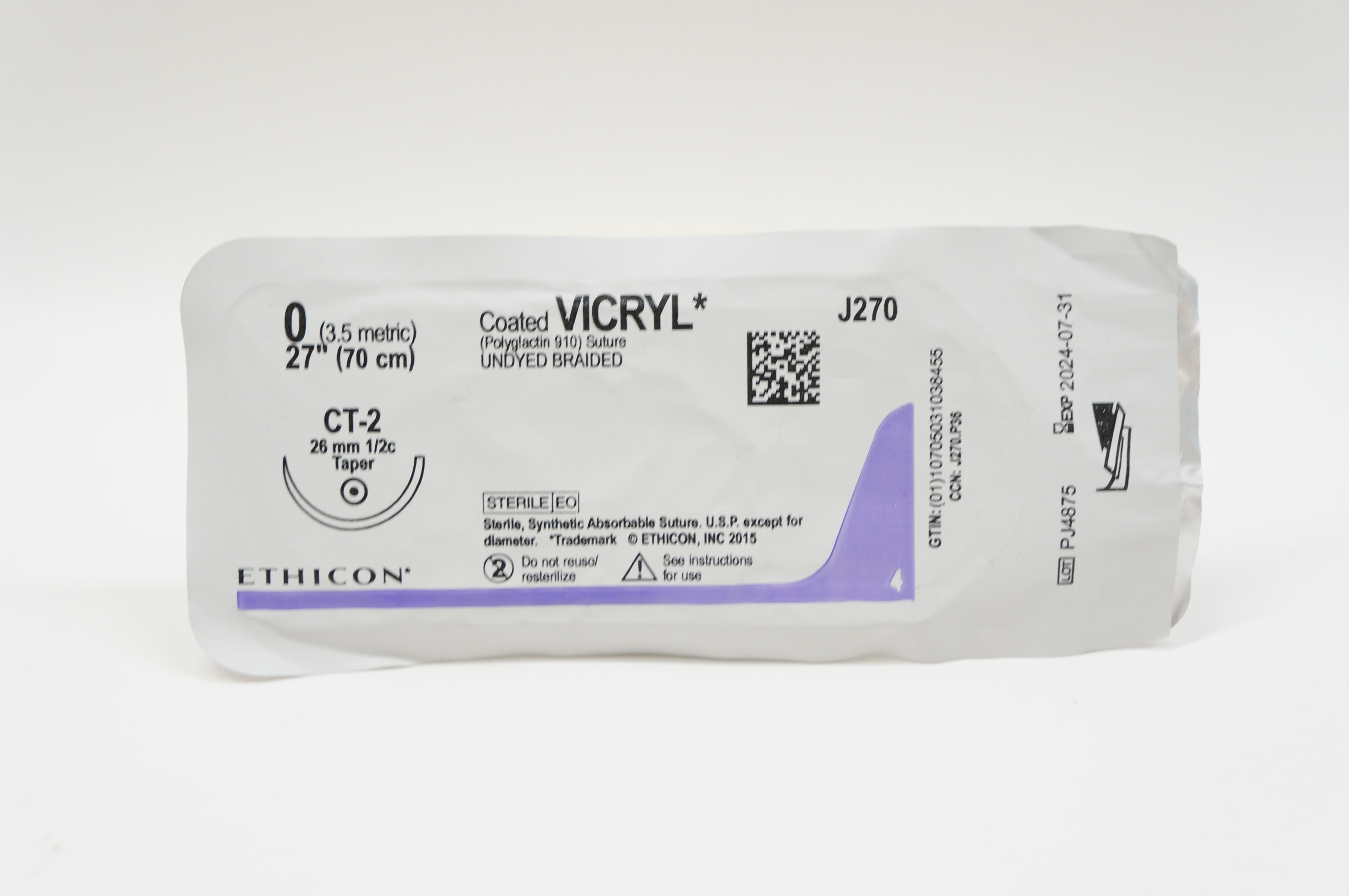 Ethicon J270 0 VICRYL, CT-2, 26mm 1/2c Taper, 27inch