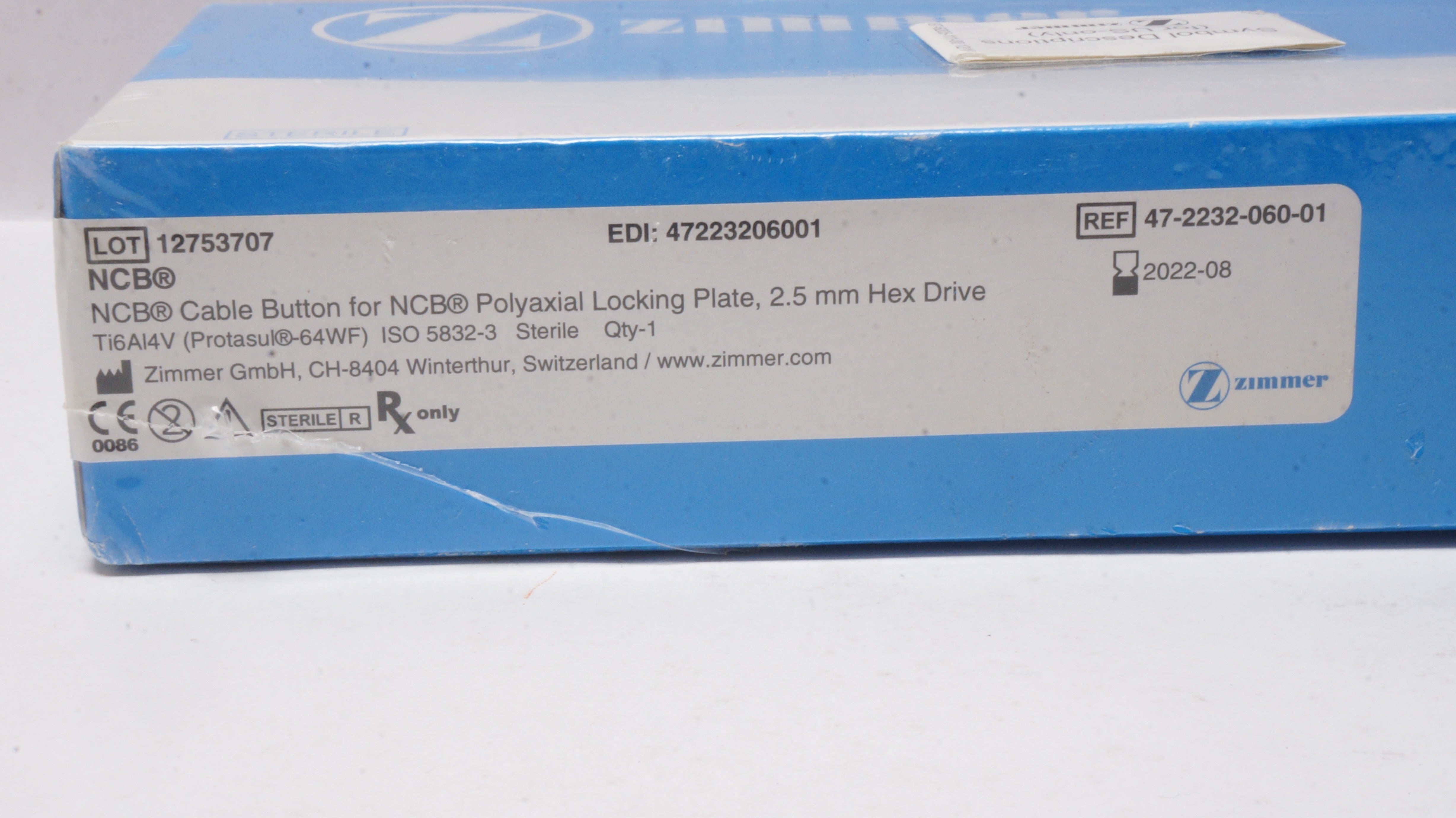 Zimmer 47-2232-060-01 NCB Cable Button,Locking Plate,2.5mm Hex