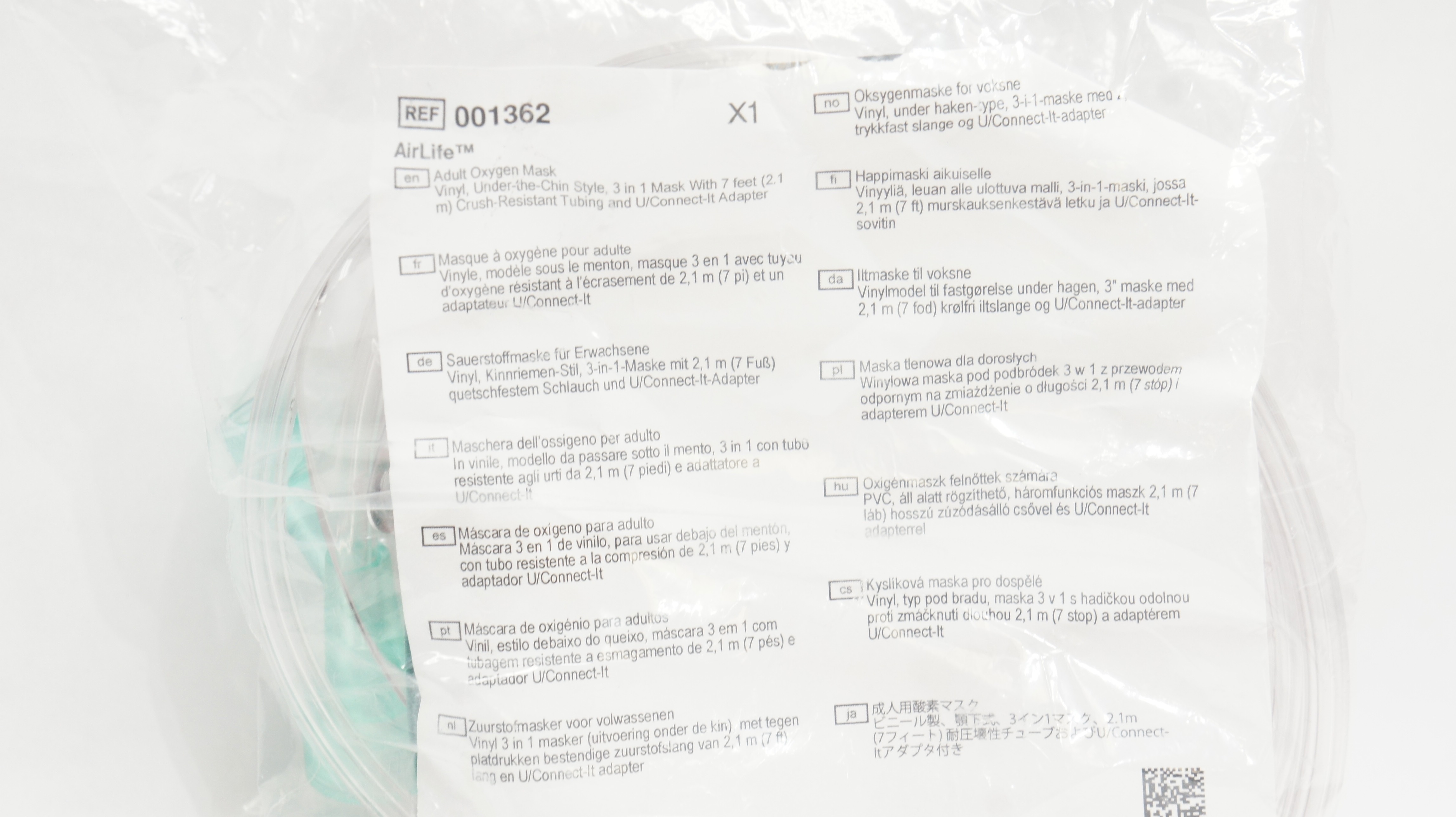 Vyaire 001362 AirLife Adult Oxygen Mask Vinyl w/7ft. Tubing & U/Connect Adapter