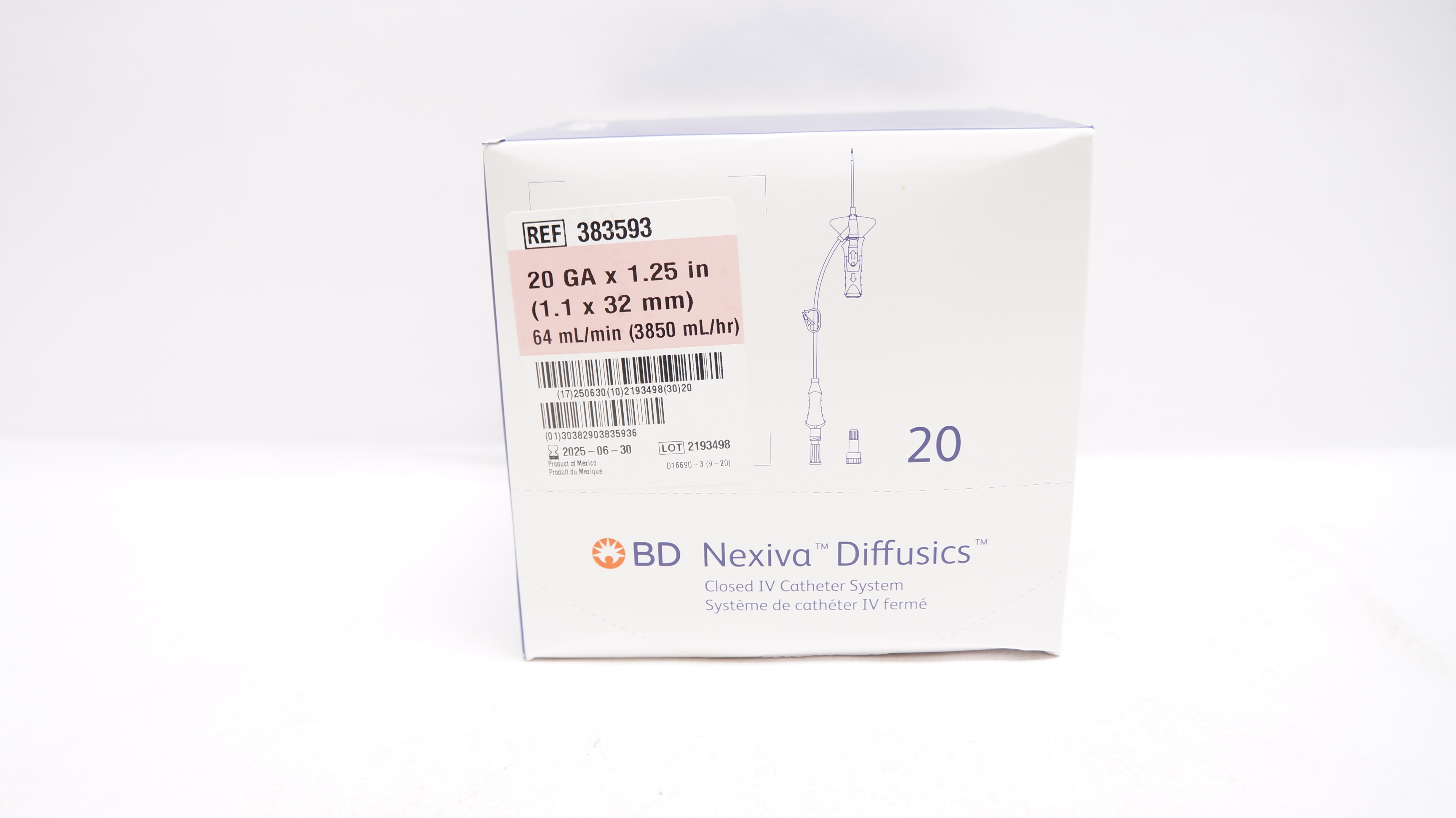 BD 383593 Nexiva Diffusics Closed IV Cath. System 20GA x 1.25inch - Box of 20
