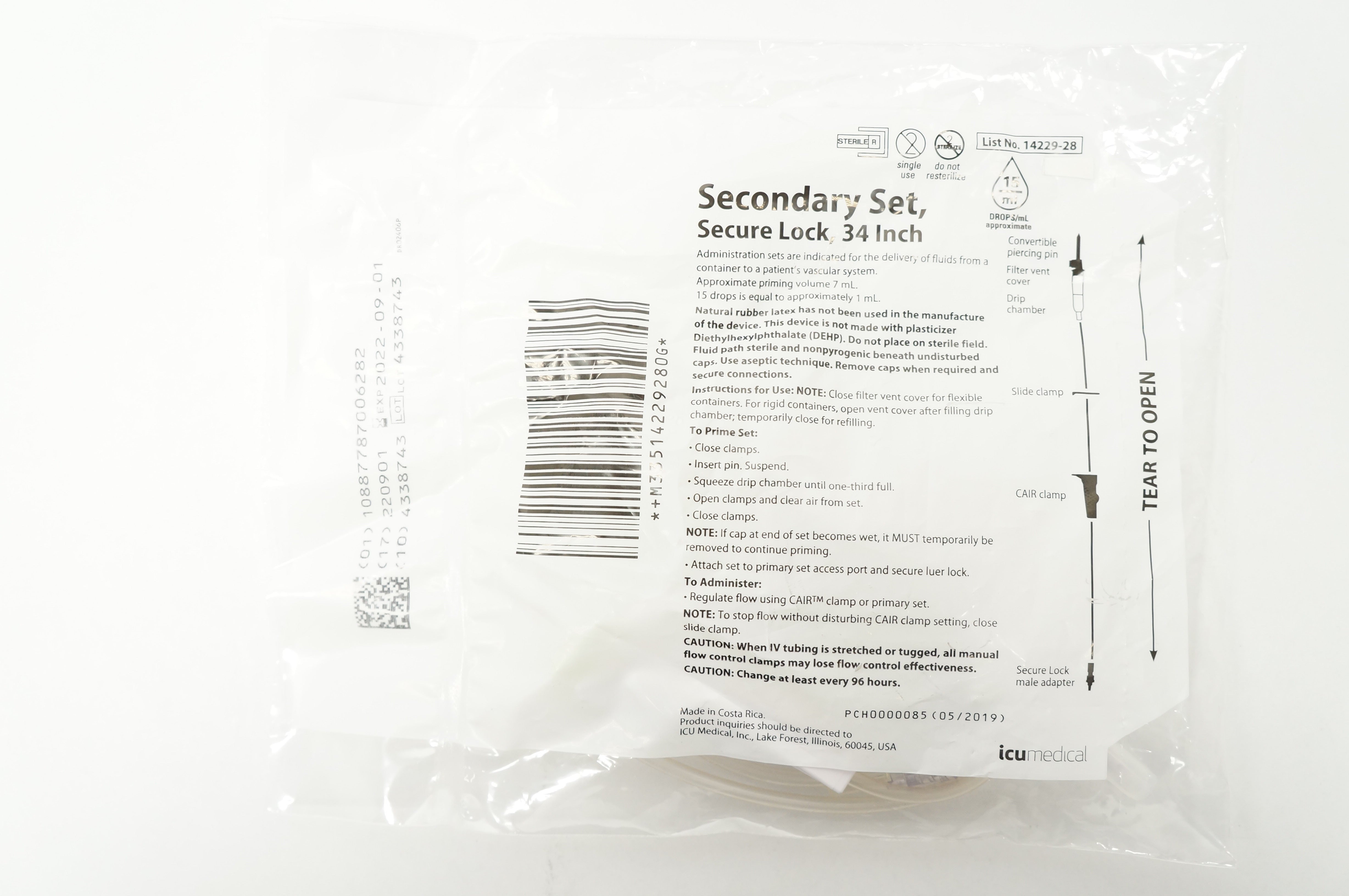 ICU Medical 14229-28 Secondary Set Secure Lock 34inch 15 Drops/mL