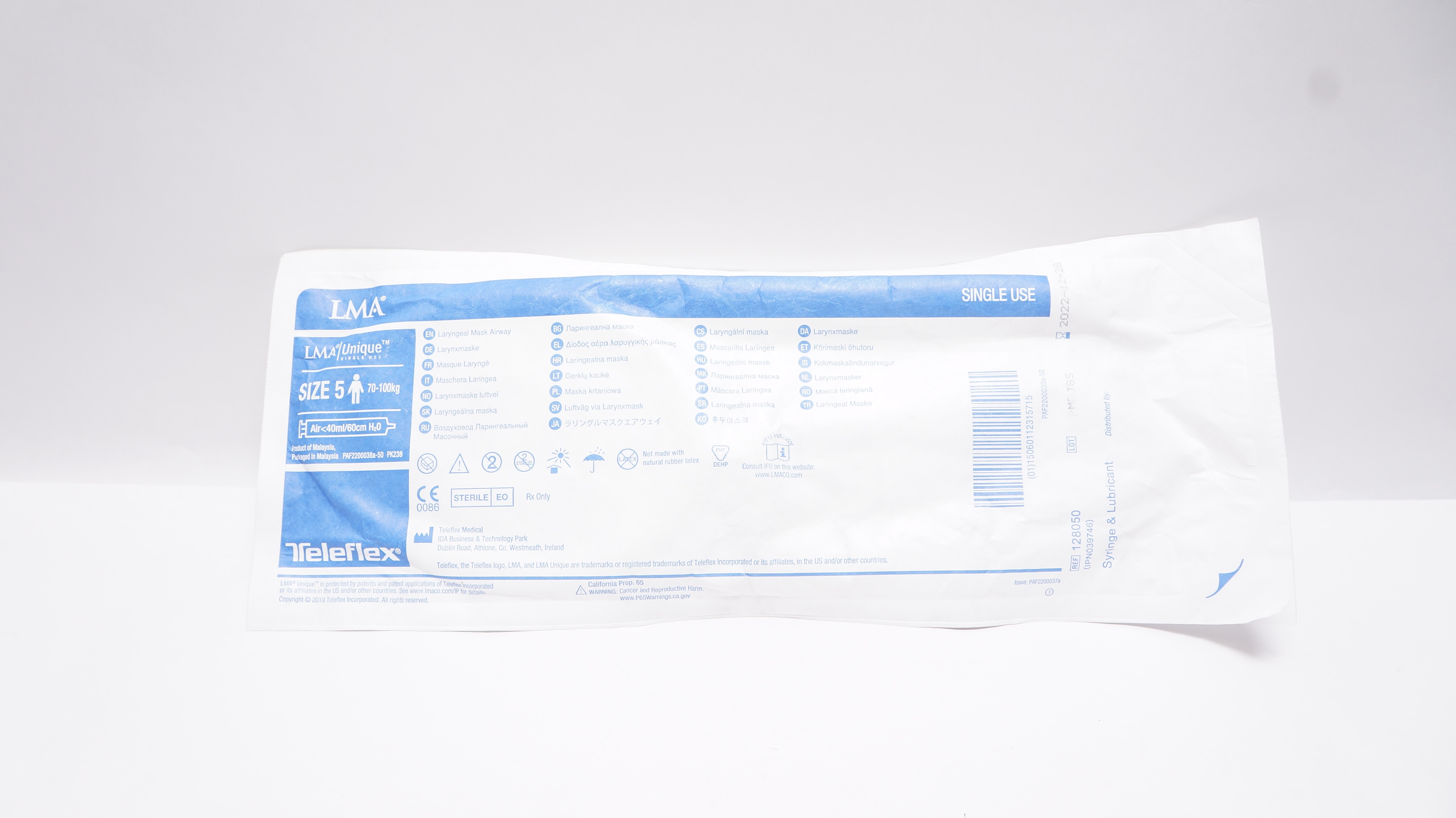 Teleflex 128050 Unique Laryngeal Mask Airway Size 5 70-100kg <40ml/60cm H2O (x)
