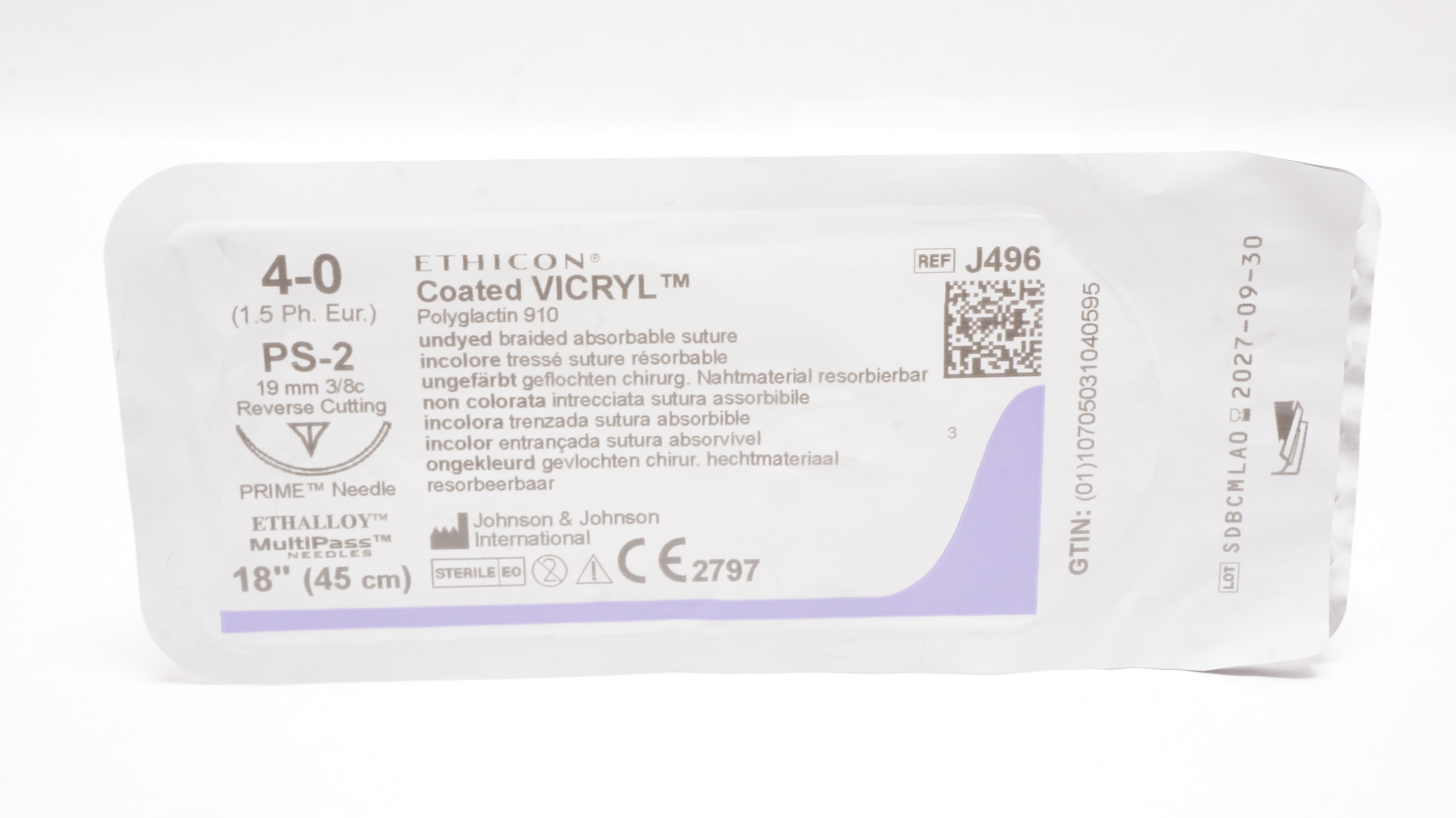 Ethicon J496 4-0 Coated VICRYL PS-2 19mm 3/8c Reverse Cutting, 18inch