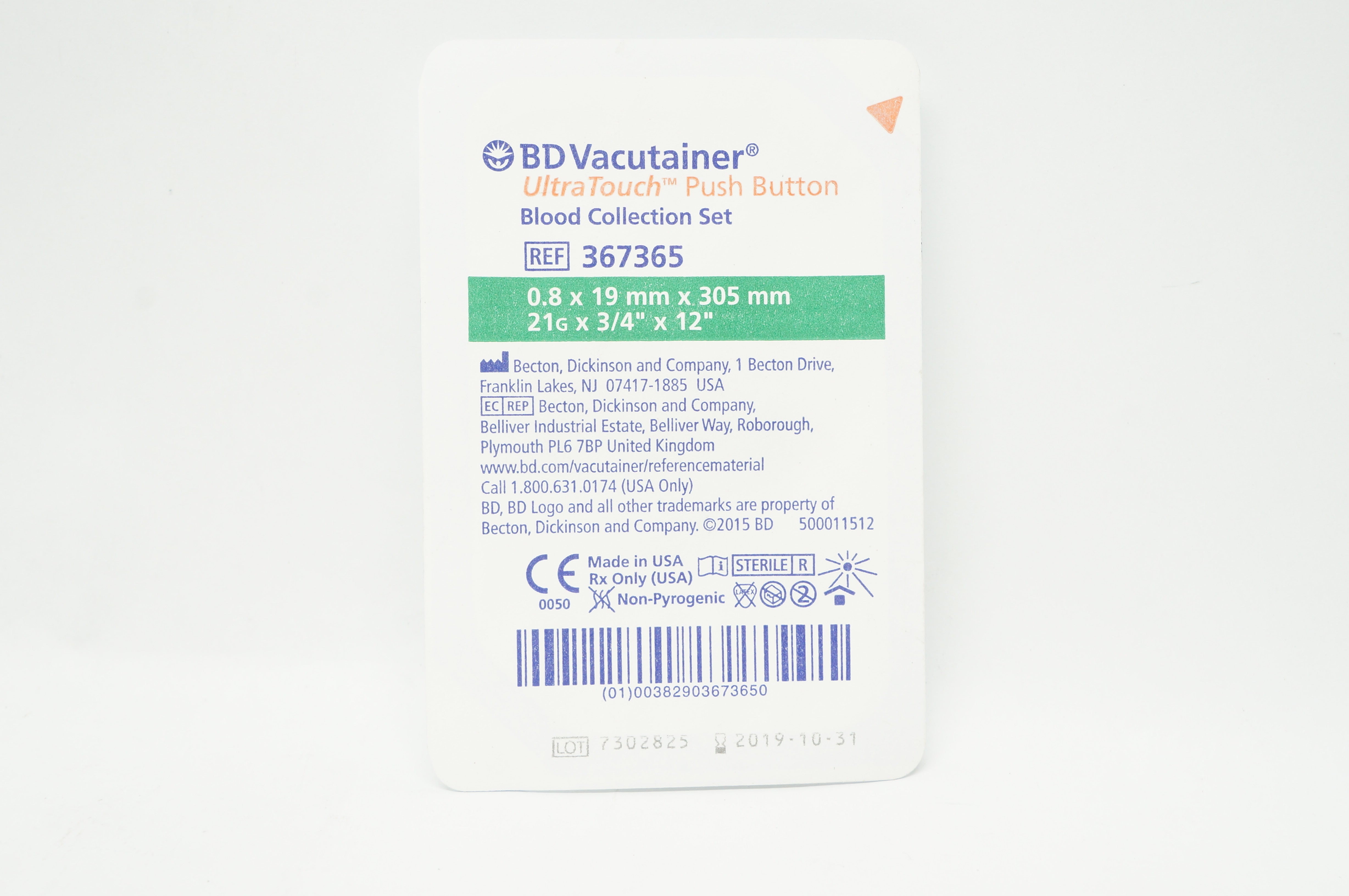 BD 367365 Vacutainer Push Button Blood Collection Set 21G x 3/4in. x 12in.(x)