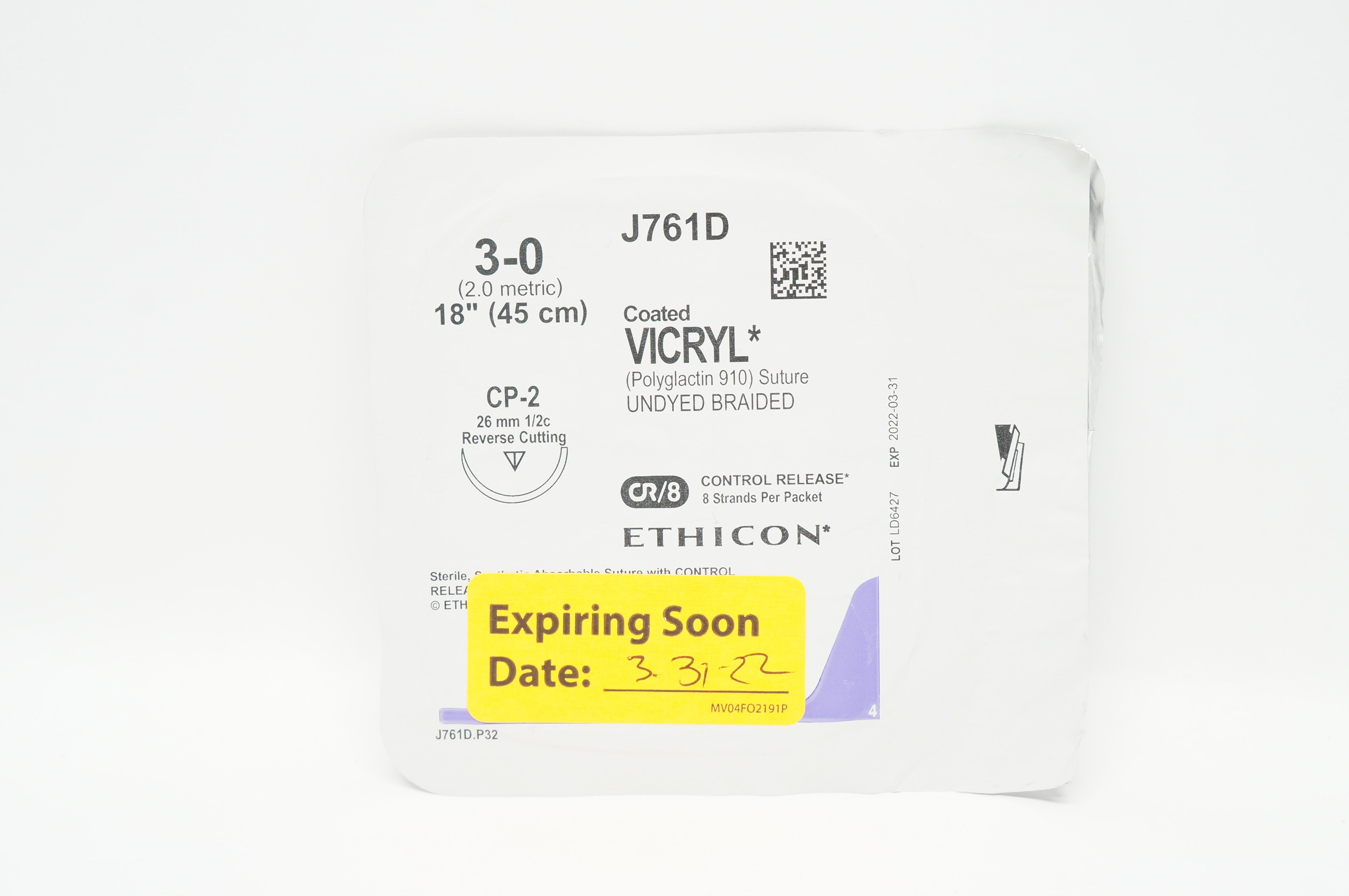 Ethicon J761D 3-0 Coated VICRYL Stre CP-2 26mm 1/2c Reverse Cutting, 18inch (x)