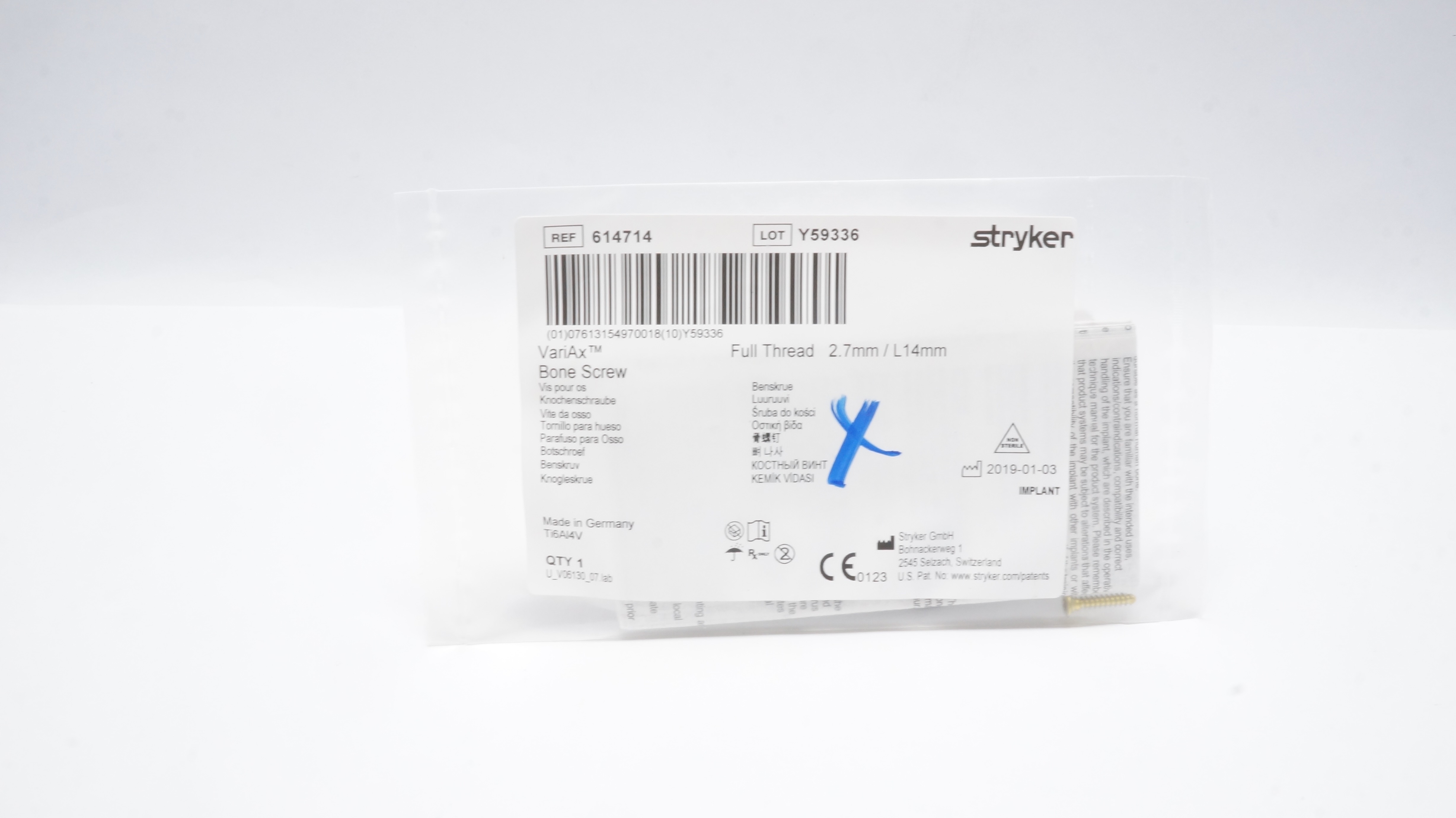 Stryker 614714 VariAx Bone Screw Full Thread 2.7mm/ L14mm