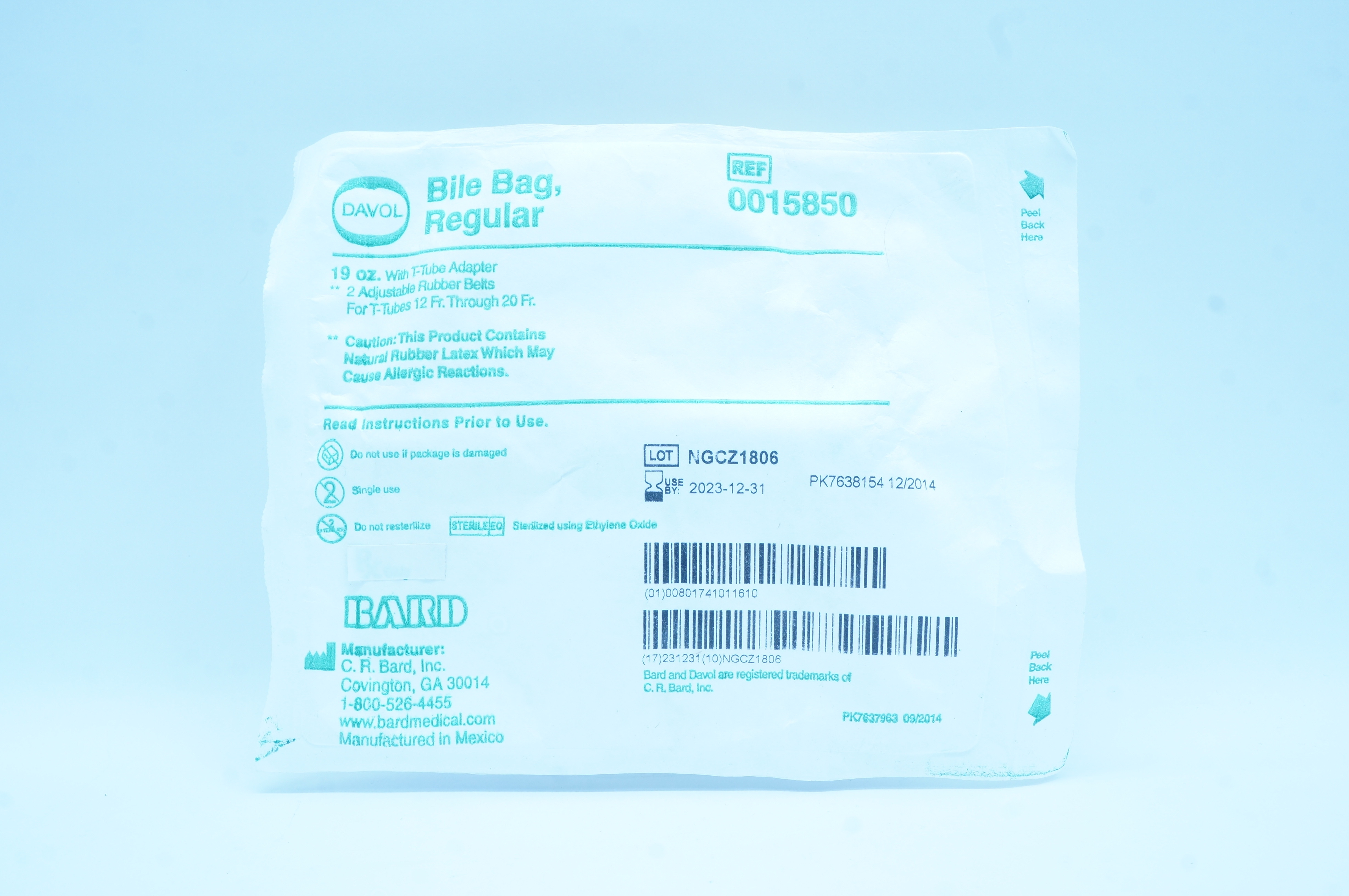 Bard 0015850 Davol Bile Bag, Regular 19 oz. With T-Tube Adapter