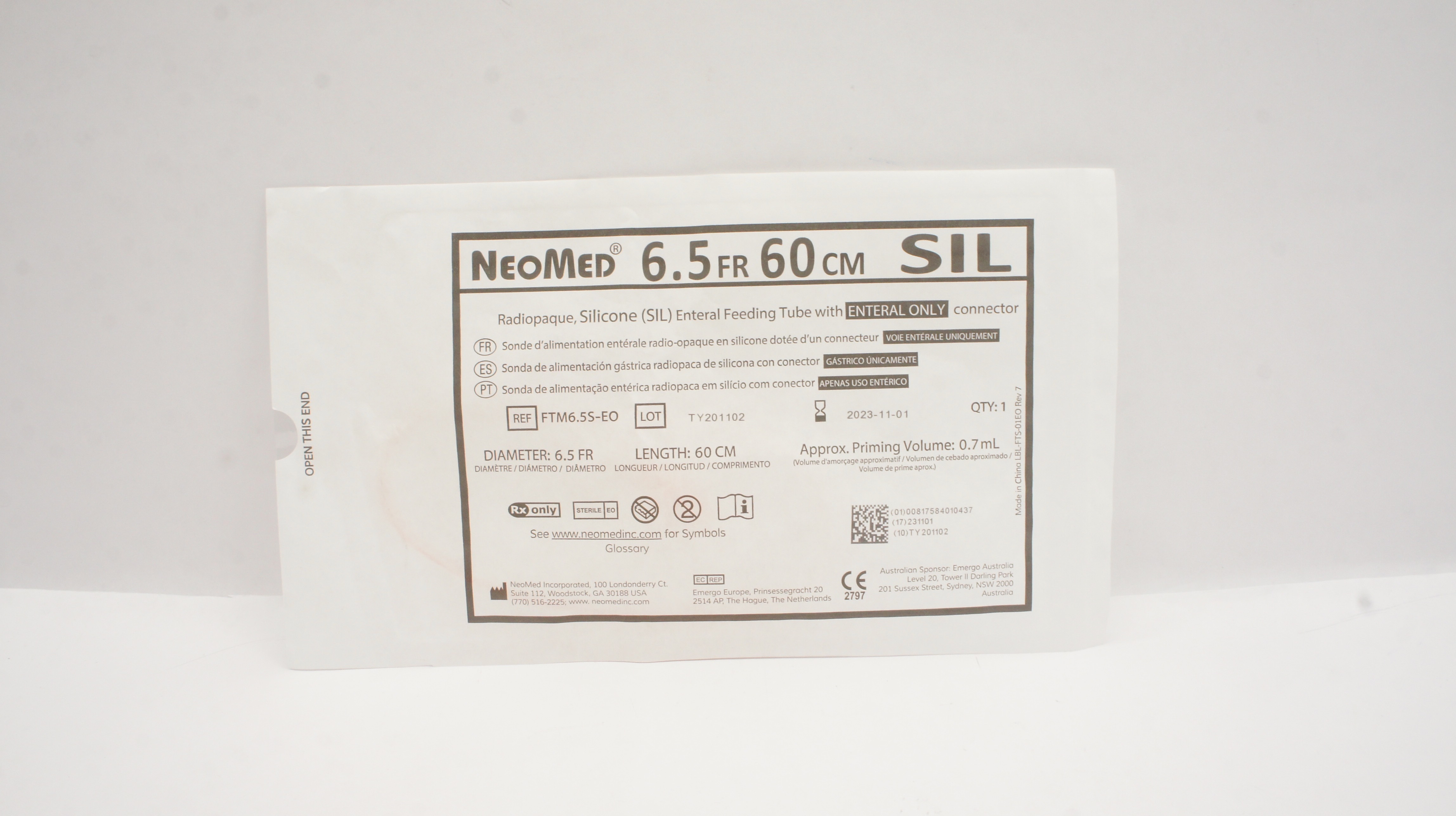 NeoMed FTM6.5S-EO Radiopaque SIL Enteral Feeding Tube 6.5.0Fr. x 60cm